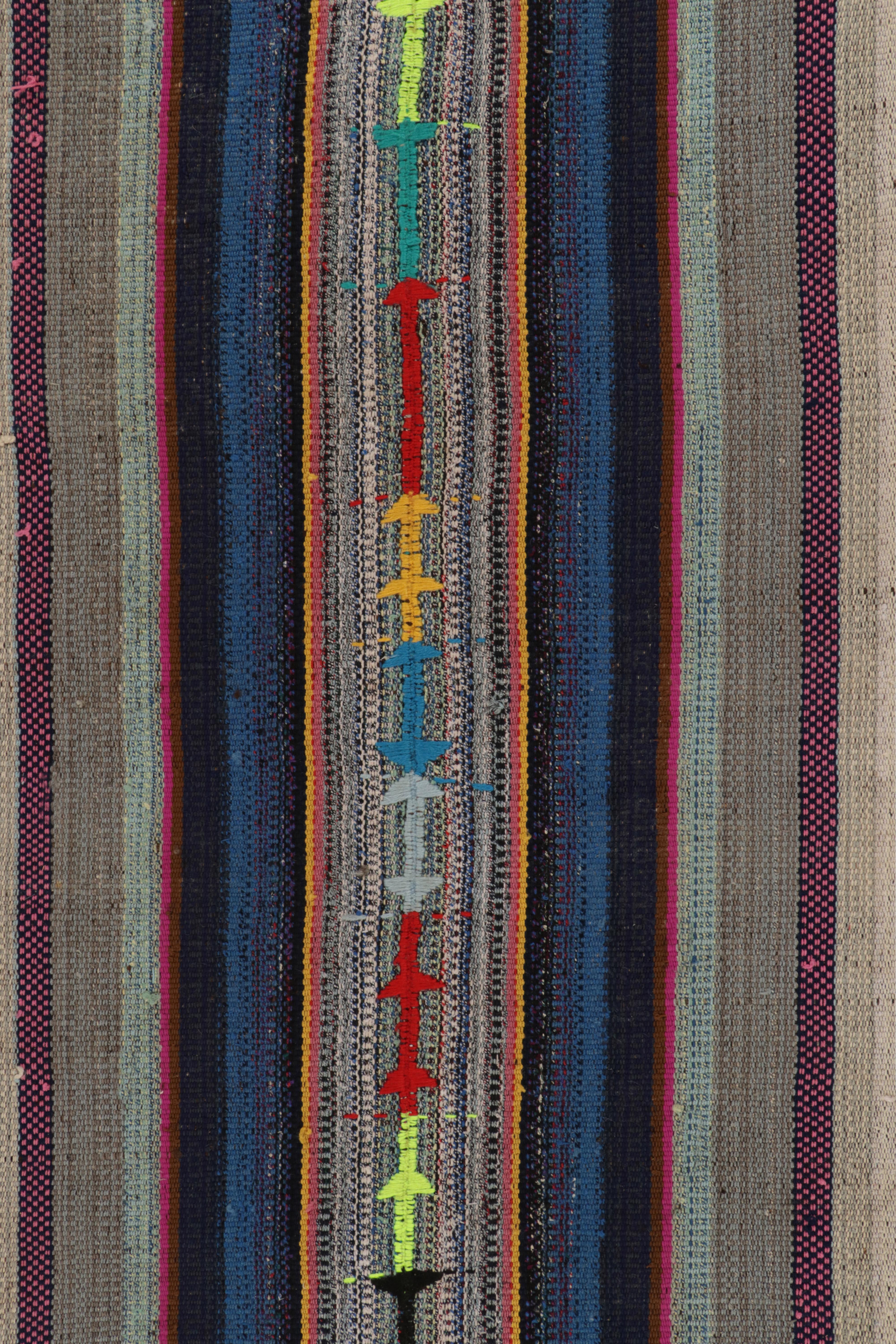 Turkish 1950s Vintage Kilim in Blue-Green, Polychromatic Stripe Pattern by Rug & Kilim For Sale