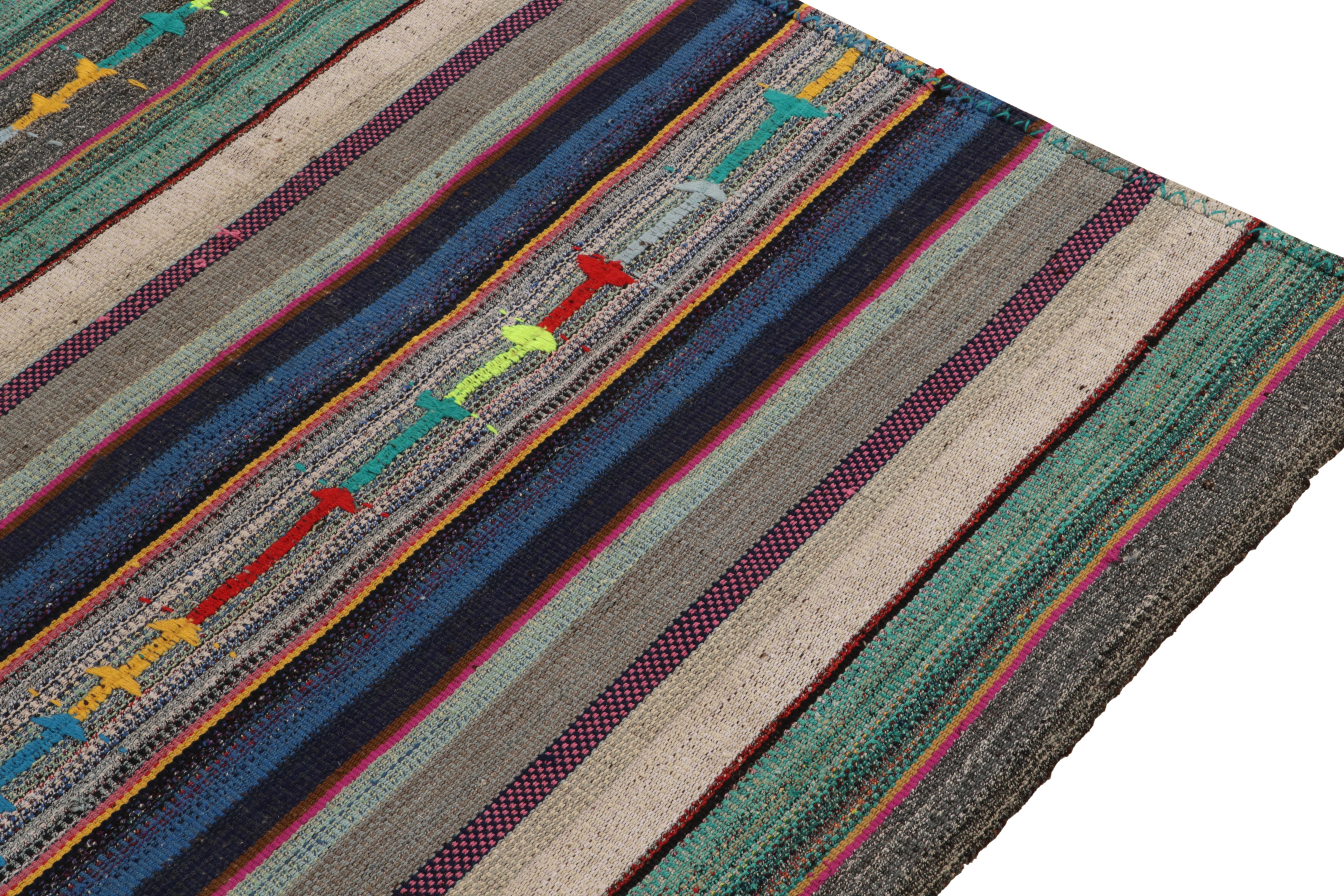 Hand-Knotted 1950s Vintage Kilim in Blue-Green, Polychromatic Stripe Pattern by Rug & Kilim For Sale