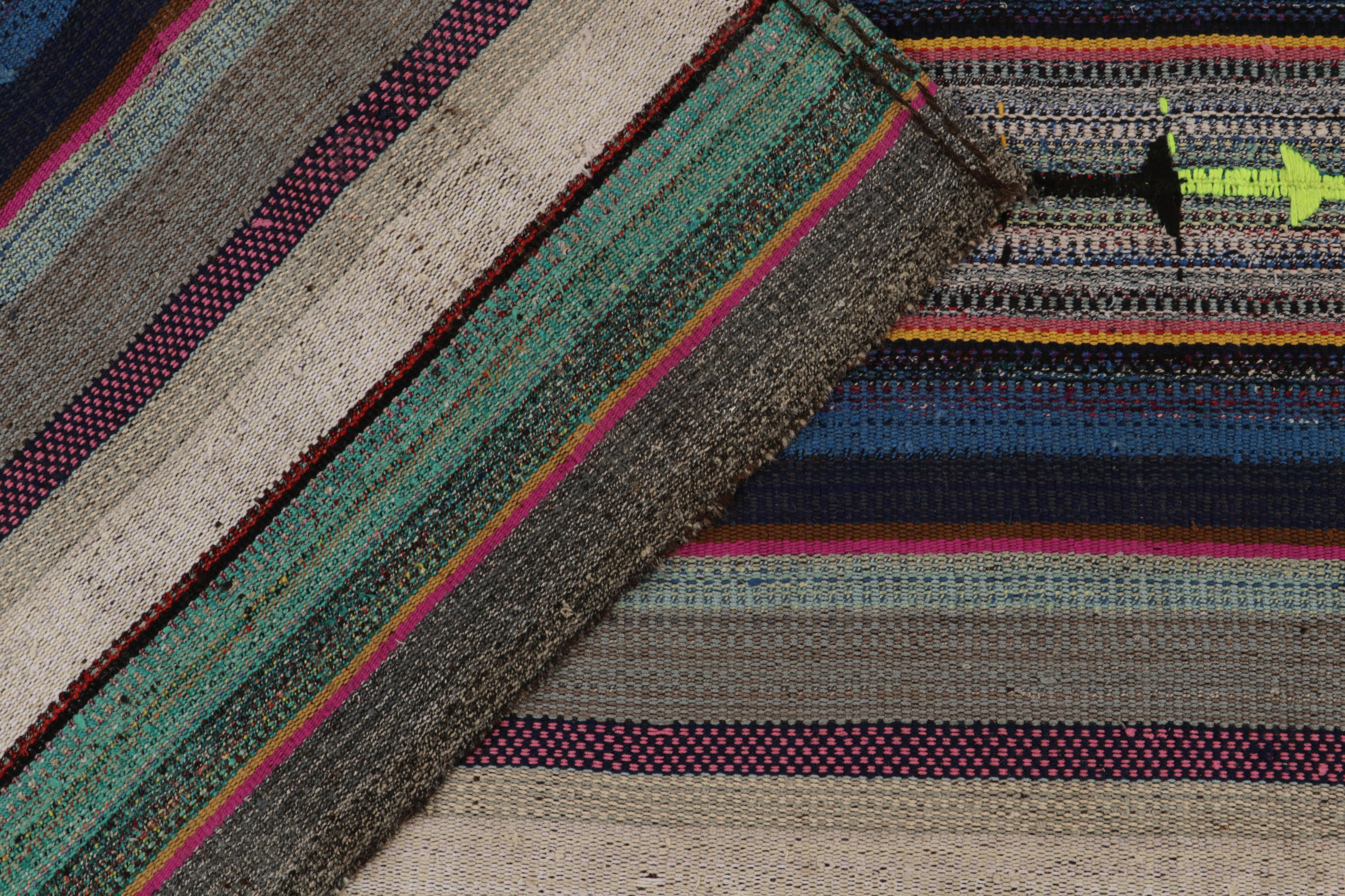 1950s Vintage Kilim in Blue-Green, Polychromatic Stripe Pattern by Rug & Kilim In Good Condition For Sale In Long Island City, NY