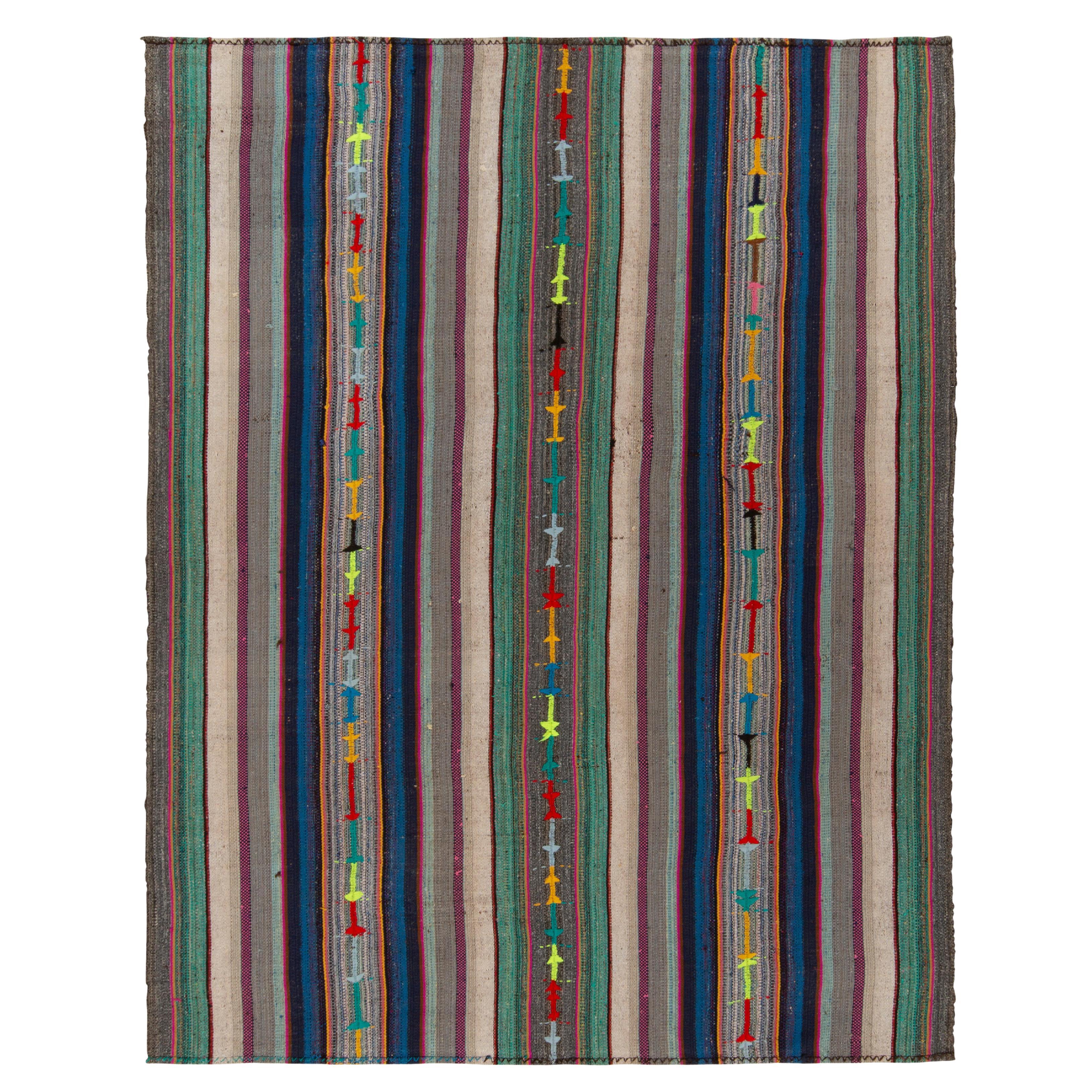 1950s Vintage Kilim in Blue-Green, Polychromatic Stripe Pattern by Rug & Kilim For Sale