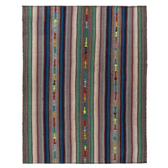 1950s Retro Kilim in Blue-Green, Polychromatic Stripe Pattern by Rug & Kilim