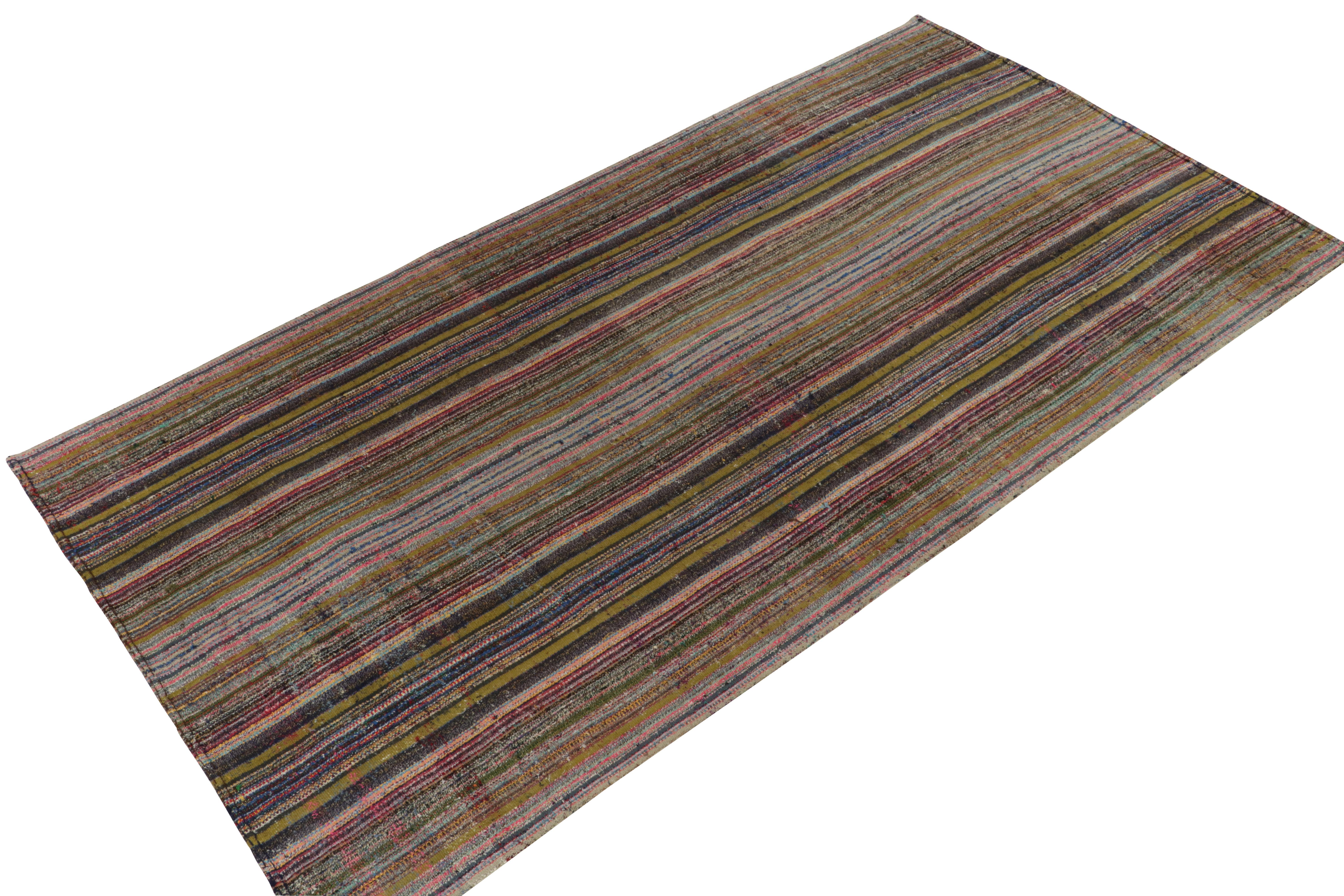 Mid-Century Modern 1950s Vintage Chaput Kilim in Green, Multicolor Stripe Patterns by Rug & Kilim For Sale
