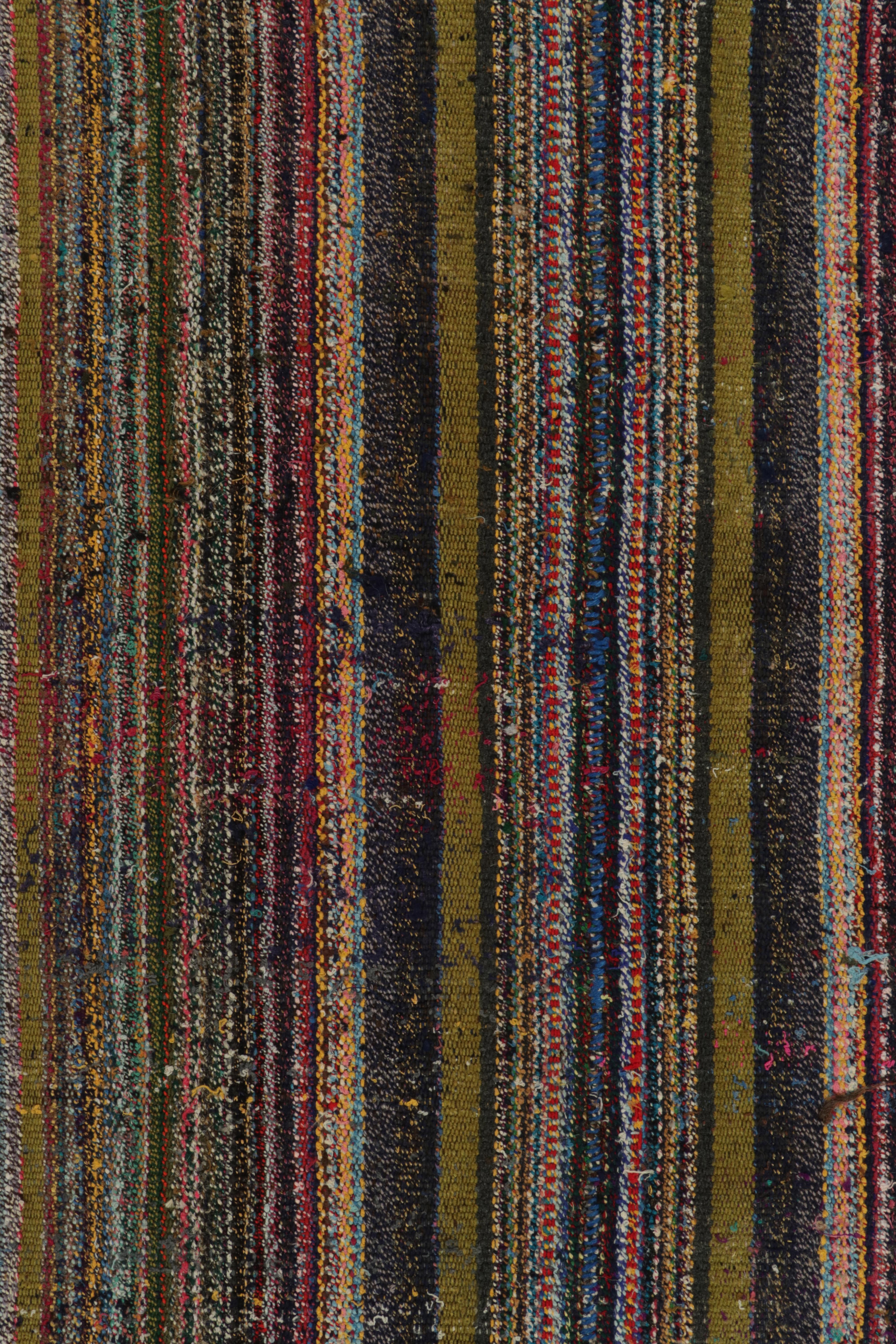 Hand-Knotted 1950s Vintage Chaput Kilim in Green, Multicolor Stripe Patterns by Rug & Kilim For Sale