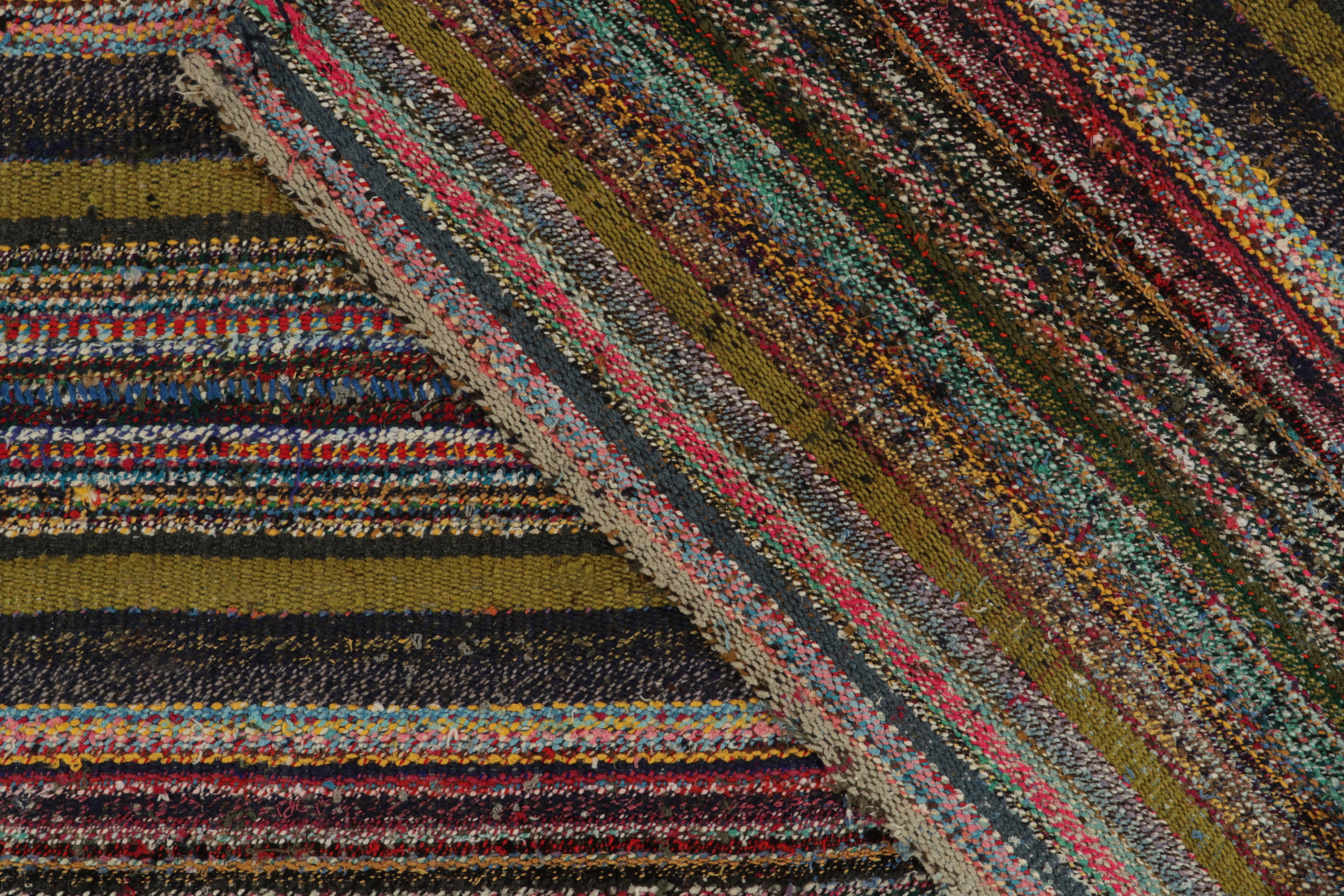1950s Vintage Chaput Kilim in Green, Multicolor Stripe Patterns by Rug & Kilim In Good Condition For Sale In Long Island City, NY