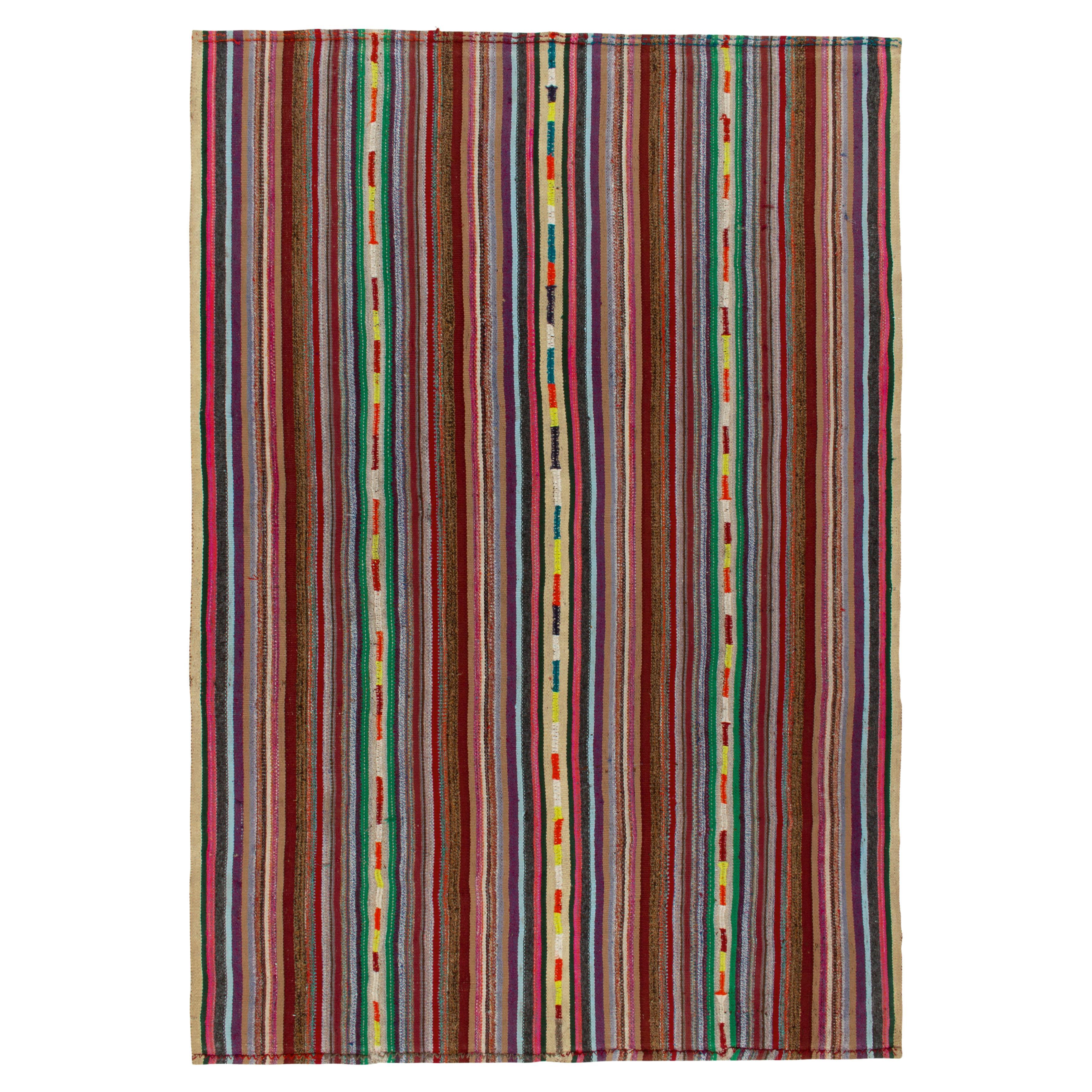 1950s Vintage Chaput Kilim in Multicolor Stripe Patterns by Rug & Kilim For Sale