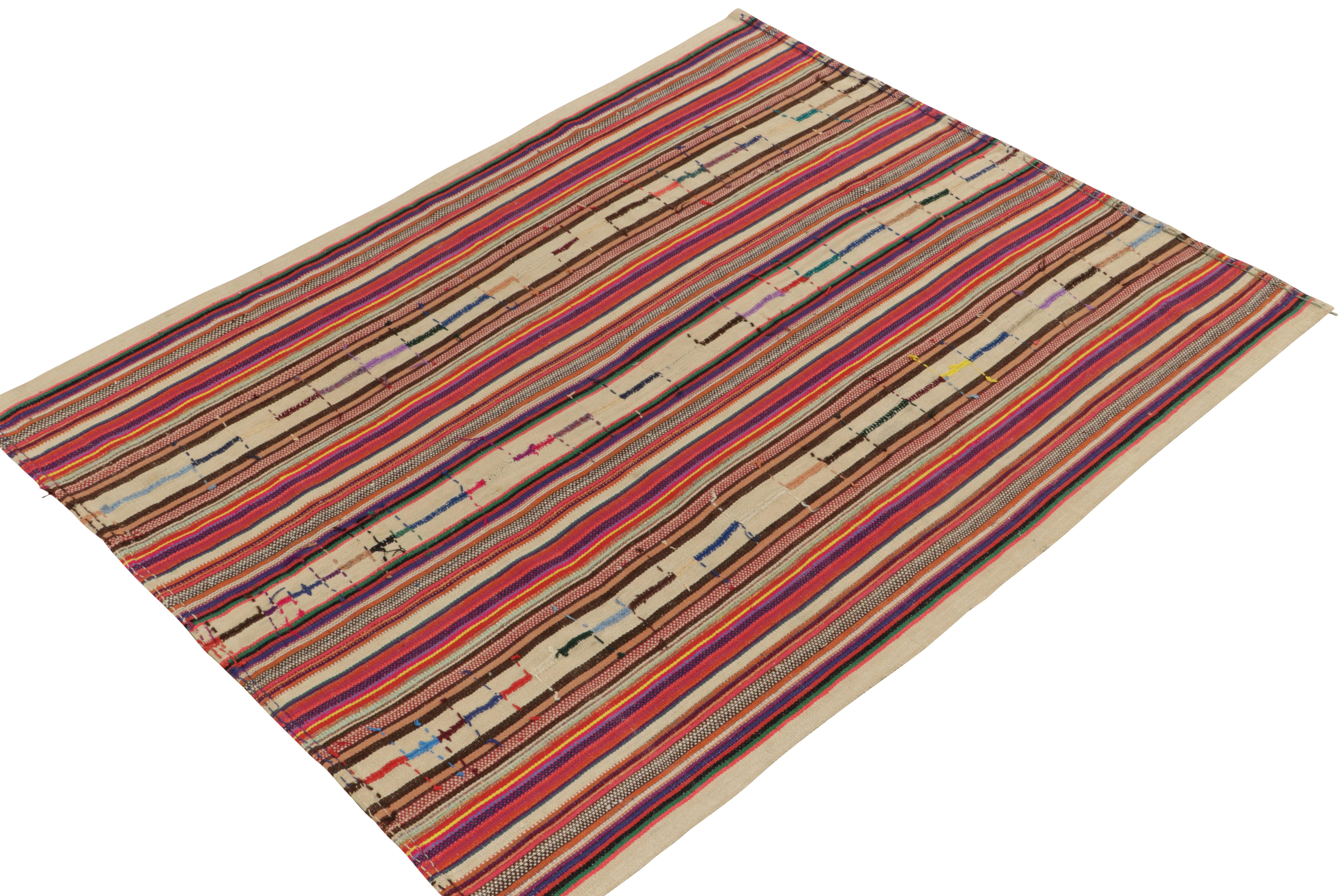 Mid-Century Modern 1950s Vintage Kilim in Red, Beige-Brown Multicolor Stripe Pattern by Rug & Kilim For Sale