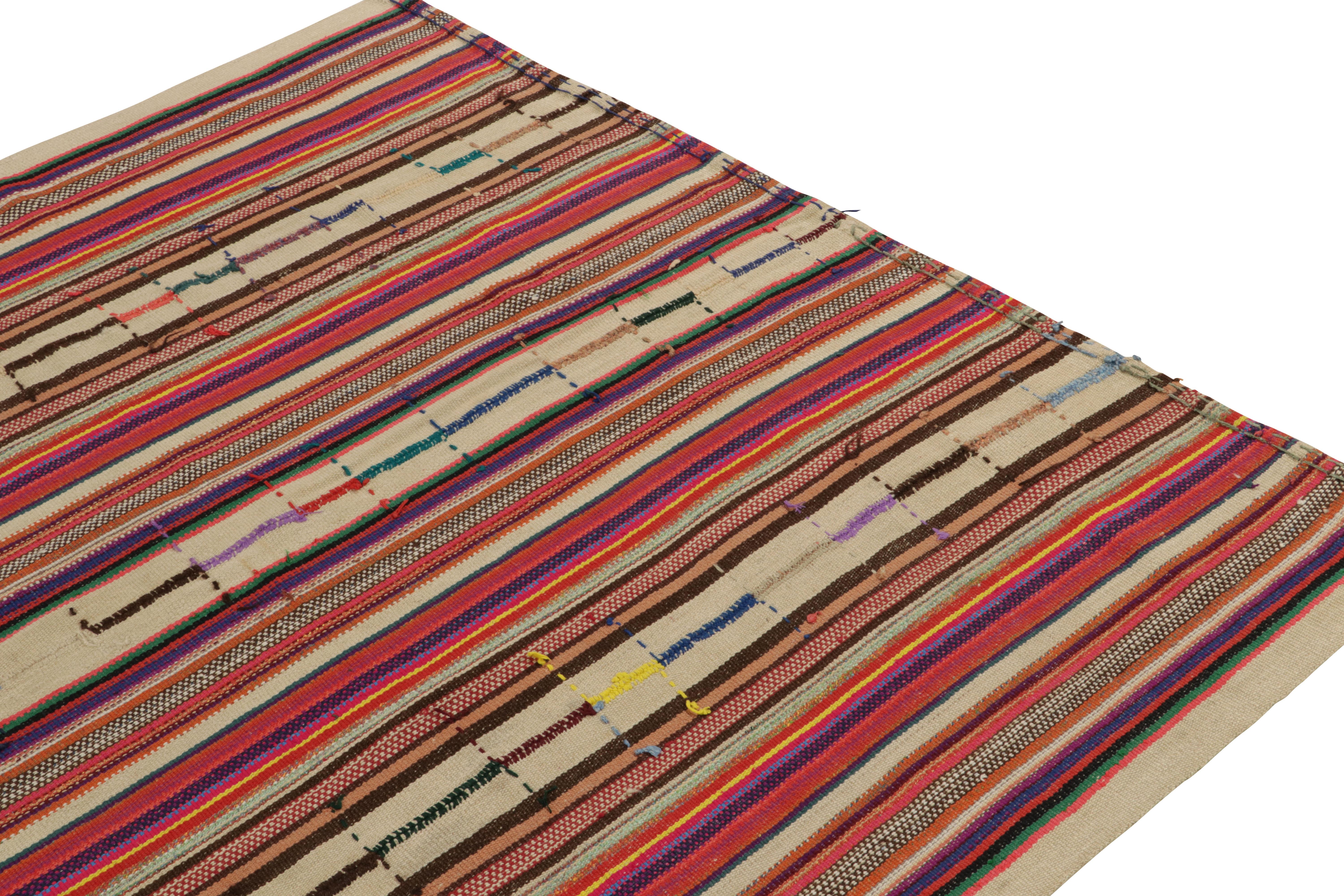 Hand-Knotted 1950s Vintage Kilim in Red, Beige-Brown Multicolor Stripe Pattern by Rug & Kilim For Sale