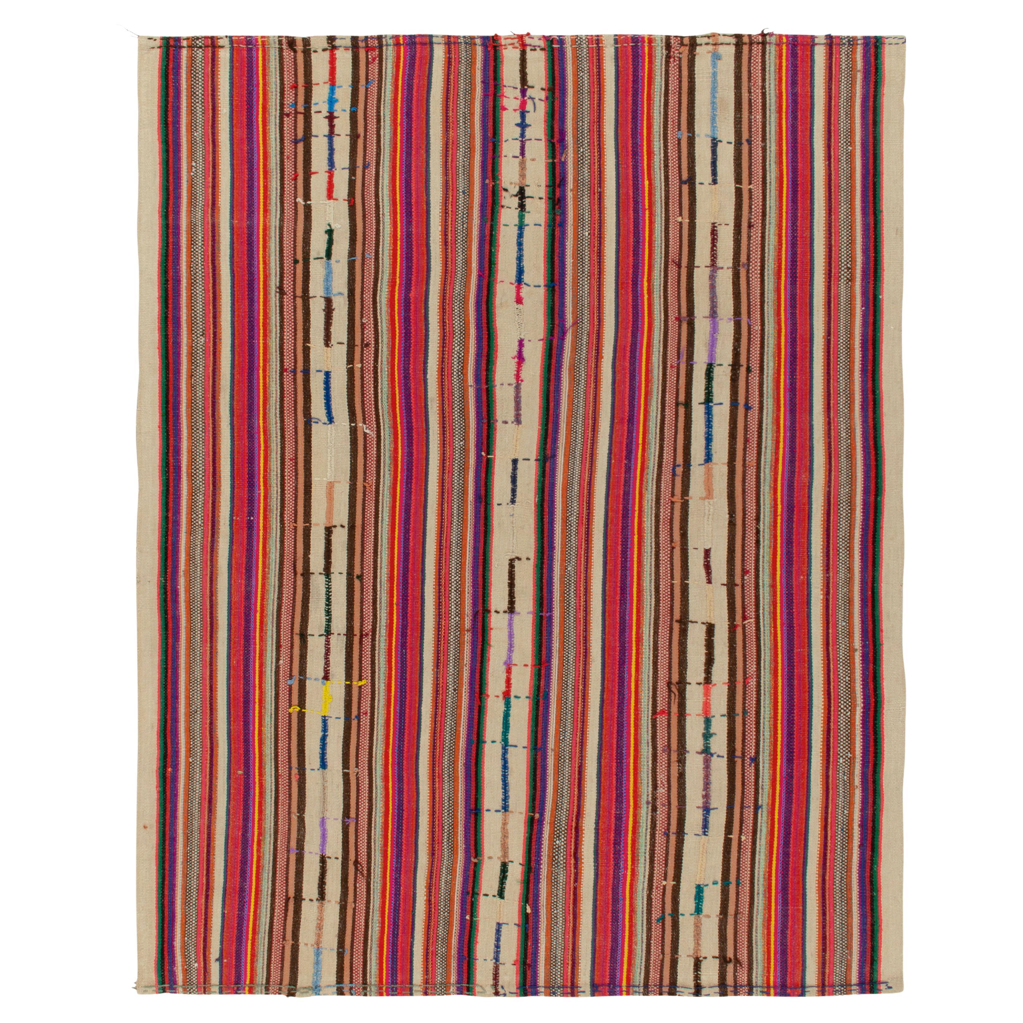 1950s Vintage Kilim in Red, Beige-Brown Multicolor Stripe Pattern by Rug & Kilim For Sale