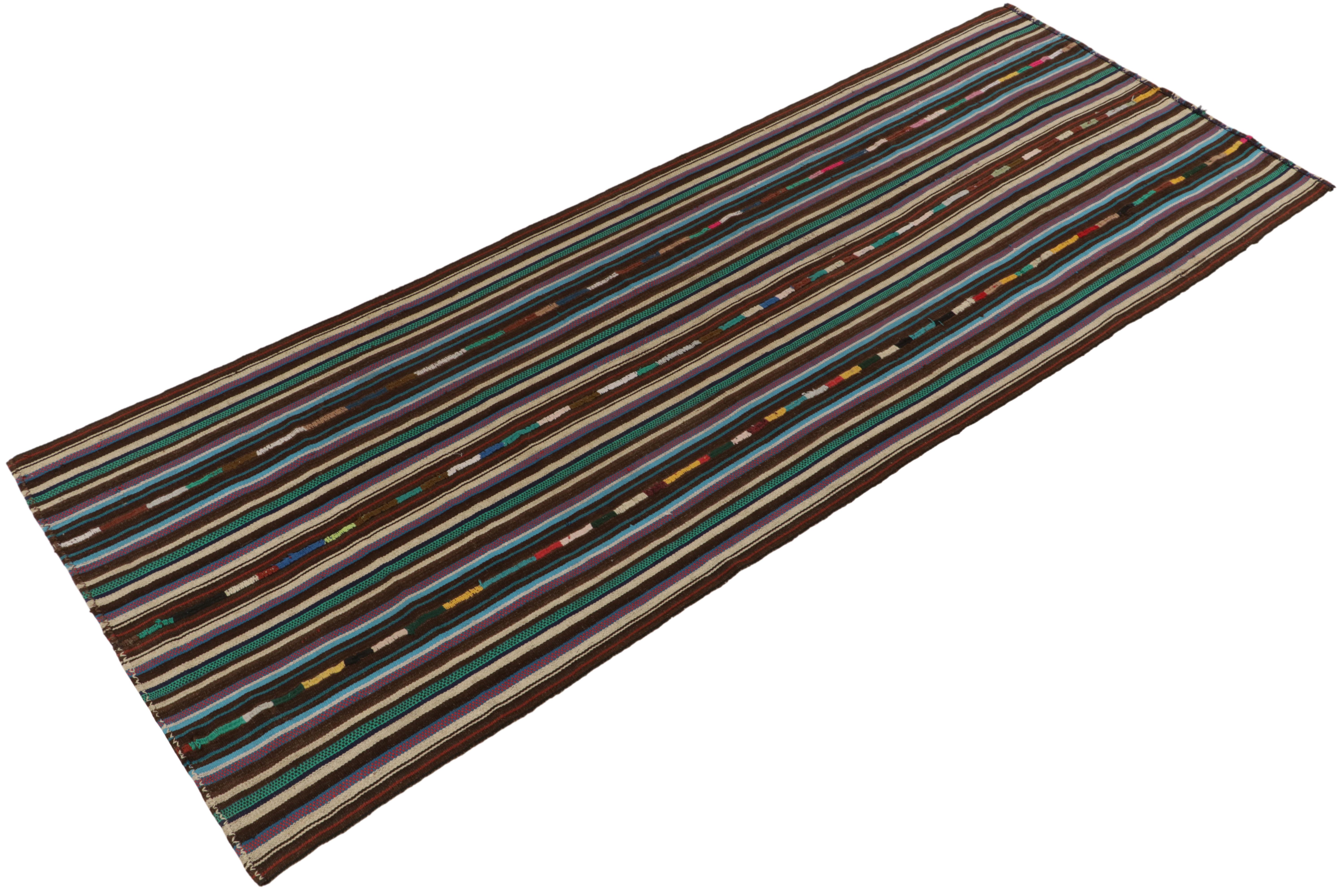 Mid-Century Modern 1950s Vintage Kilim Rug in Brown, Blue Stripe Gradient Patterns by Rug & Kilim For Sale