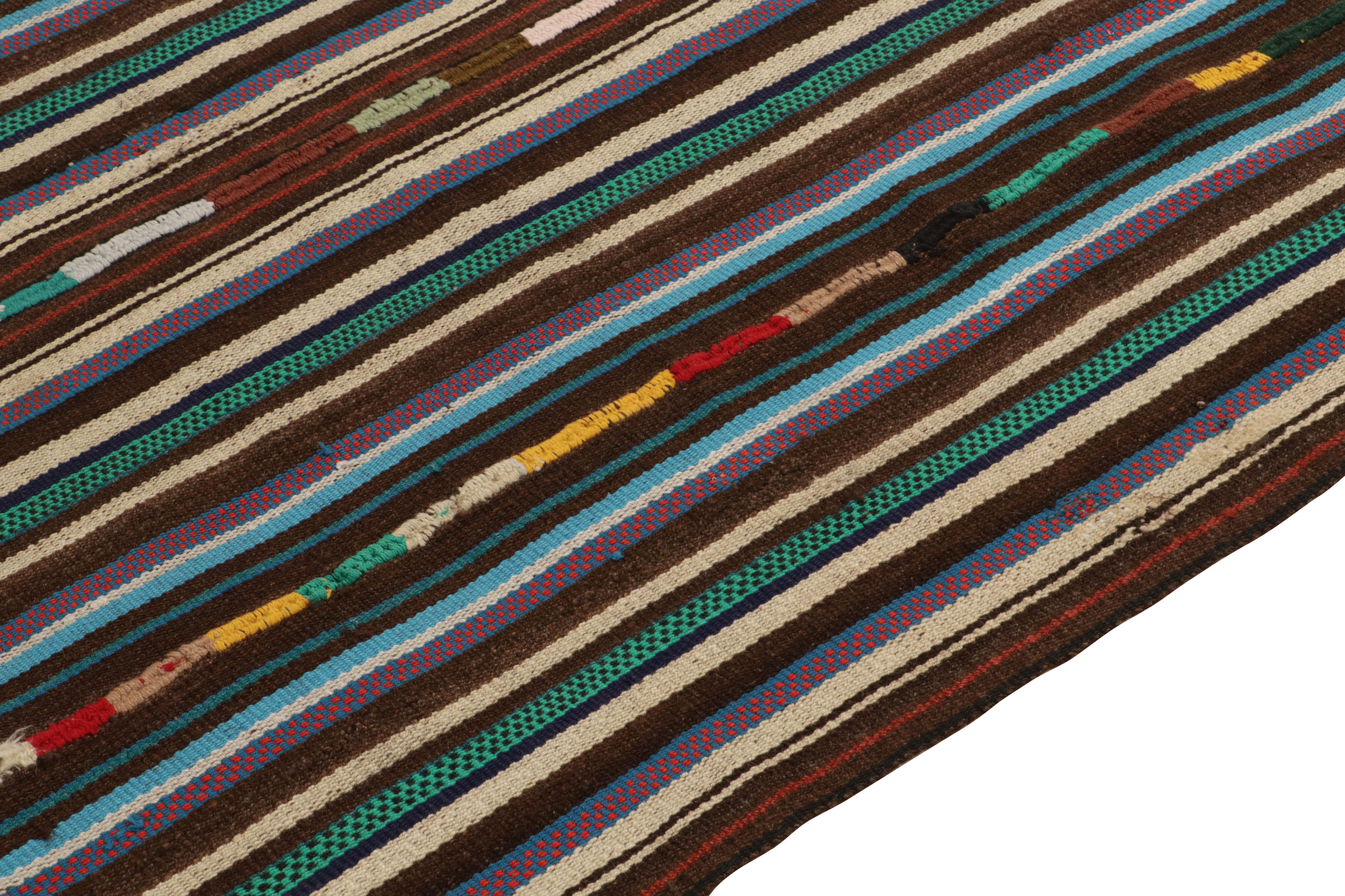 Turkish 1950s Vintage Kilim Rug in Brown, Blue Stripe Gradient Patterns by Rug & Kilim For Sale