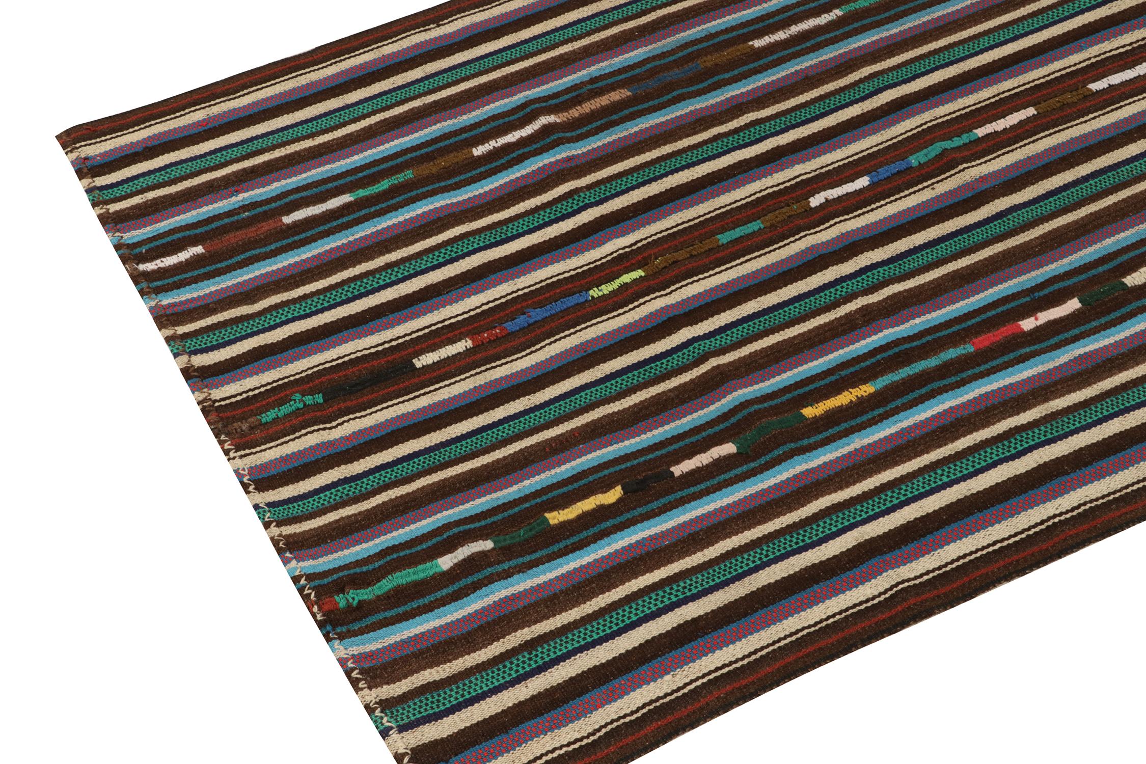 Hand-Knotted 1950s Vintage Kilim Rug in Brown, Blue Stripe Gradient Patterns by Rug & Kilim For Sale