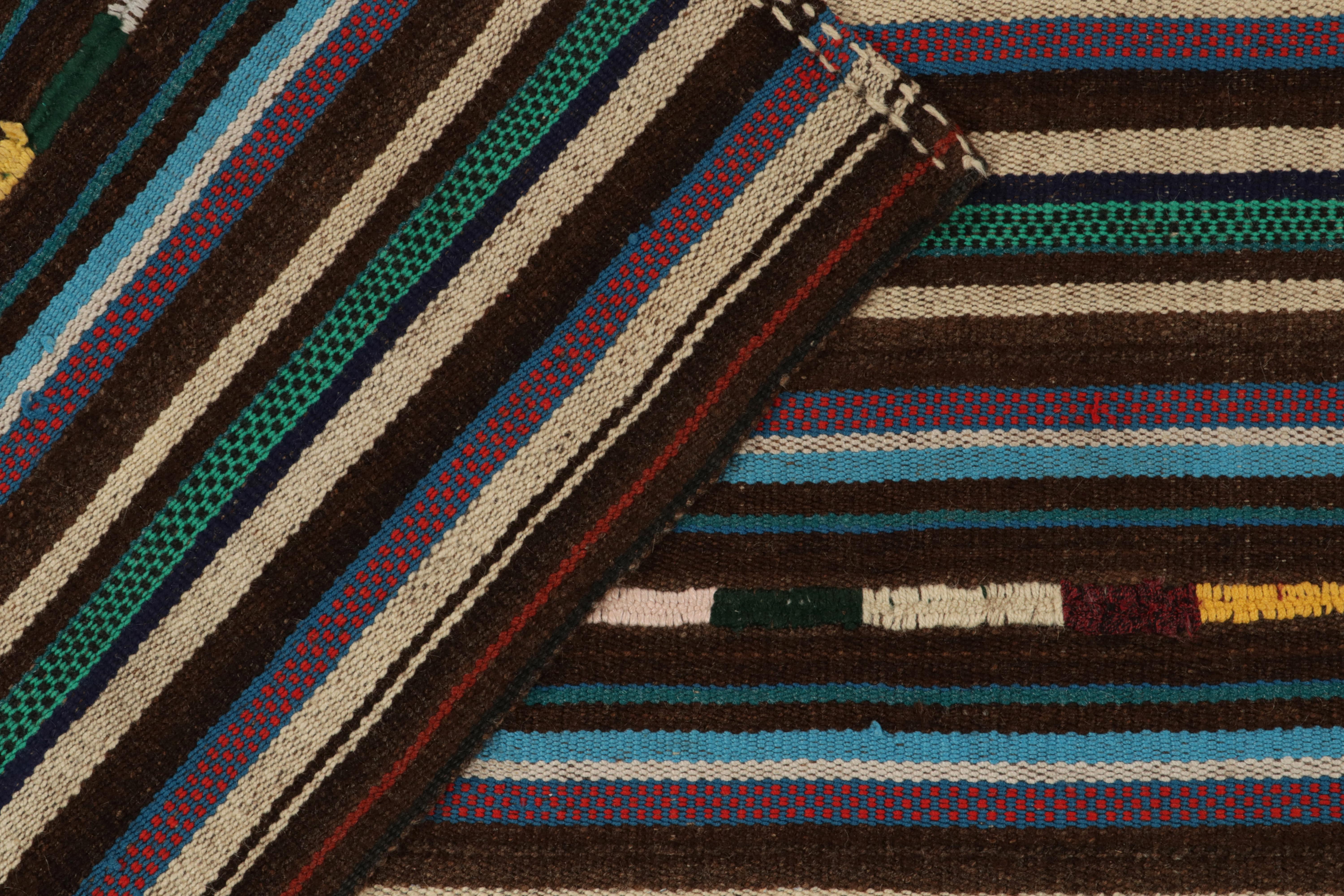 1950s Vintage Kilim Rug in Brown, Blue Stripe Gradient Patterns by Rug & Kilim In Good Condition For Sale In Long Island City, NY