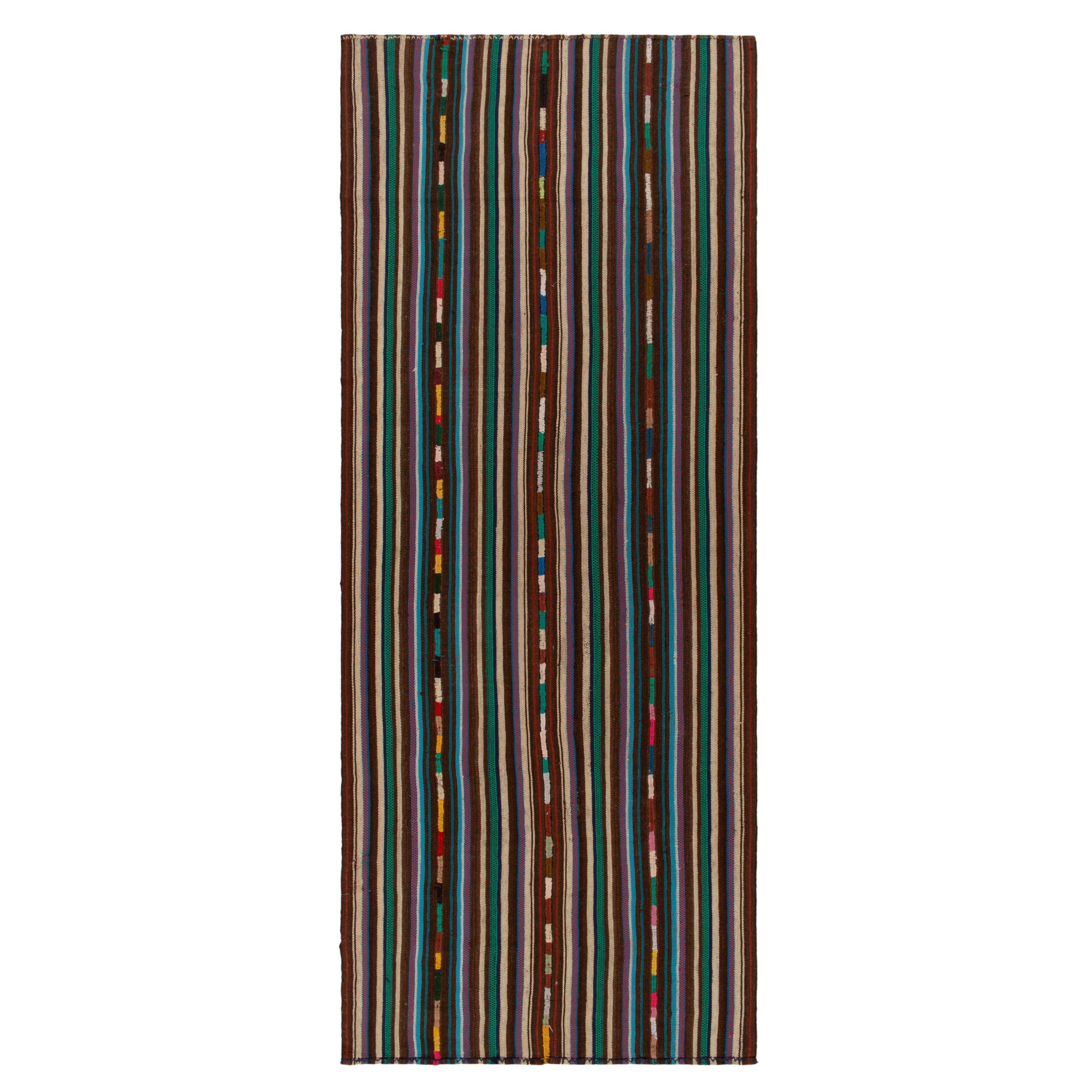 1950s Vintage Kilim Rug in Brown, Blue Stripe Gradient Patterns by Rug & Kilim