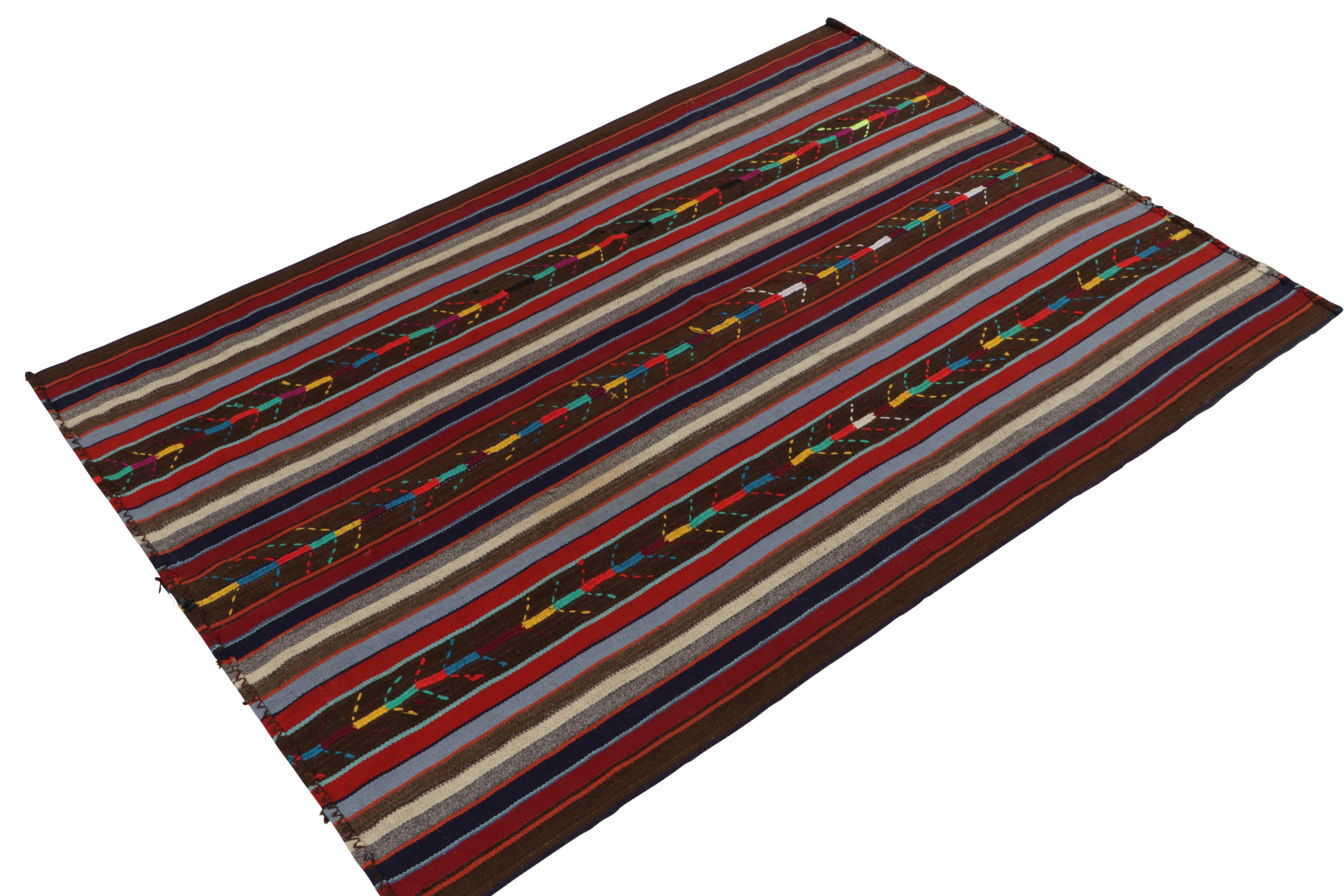 Mid-Century Modern 1950s Vintage Chaput Kilim Rug in Brown, Red, Multicolor Stripes by Rug & Kilim For Sale