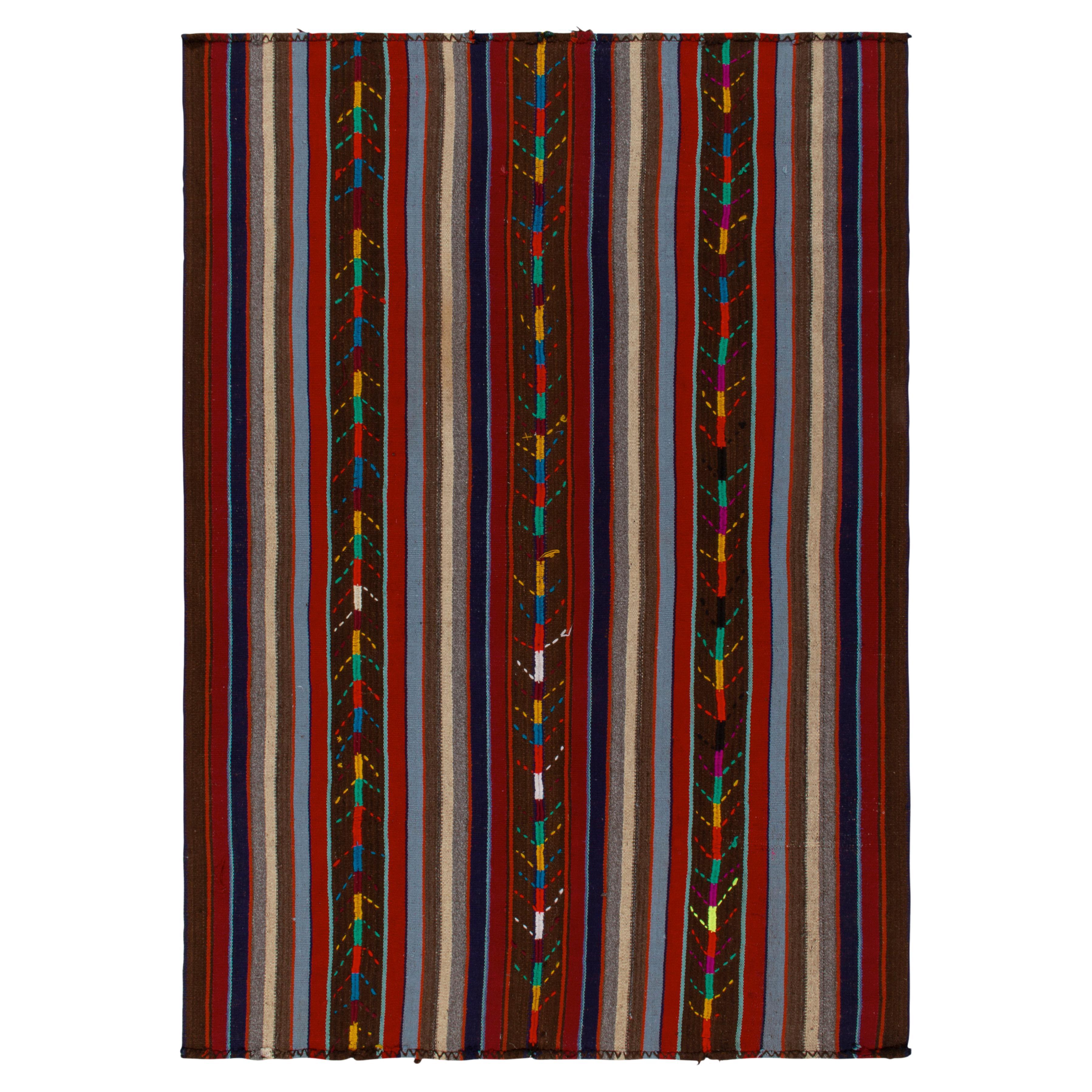 1950s Vintage Chaput Kilim Rug in Brown, Red, Multicolor Stripes by Rug & Kilim For Sale