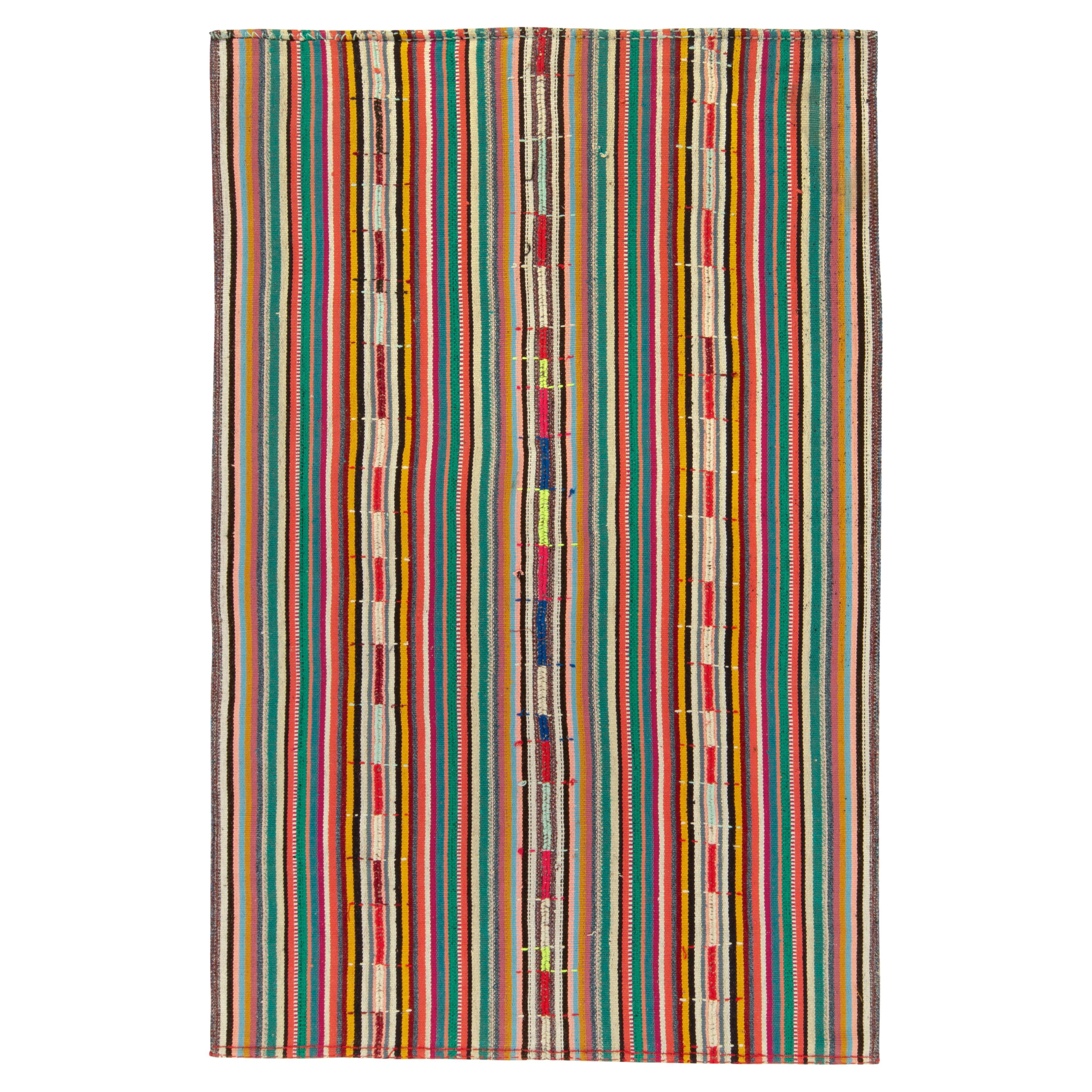 1950s Vintage Chaput Kilim Rug, Colorful Stripe Pattern Multihued by Rug & Kilim For Sale