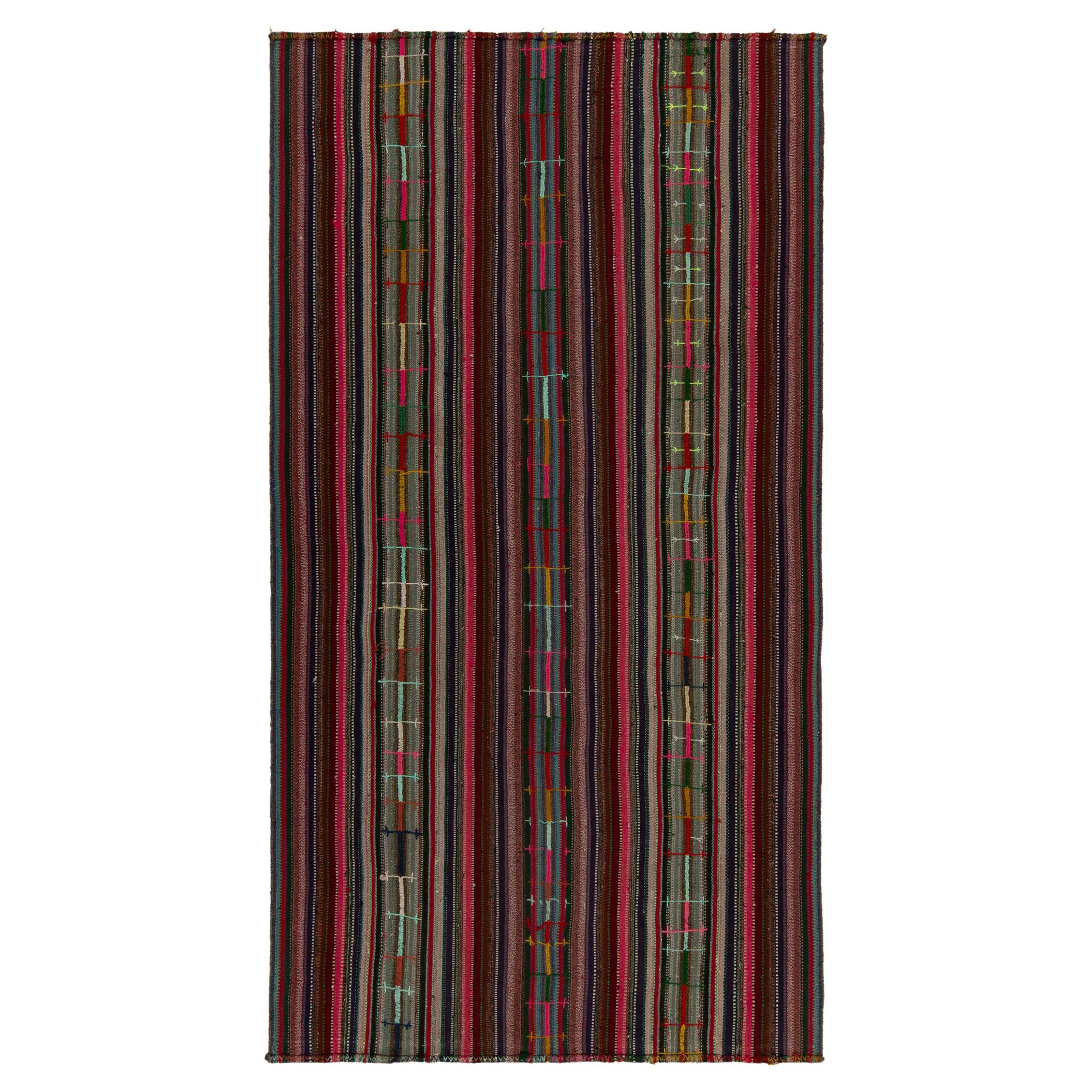 1950s Vintage Chaput Kilim Rug in Multicolor Striped Patterns, by Rug & Kilim For Sale