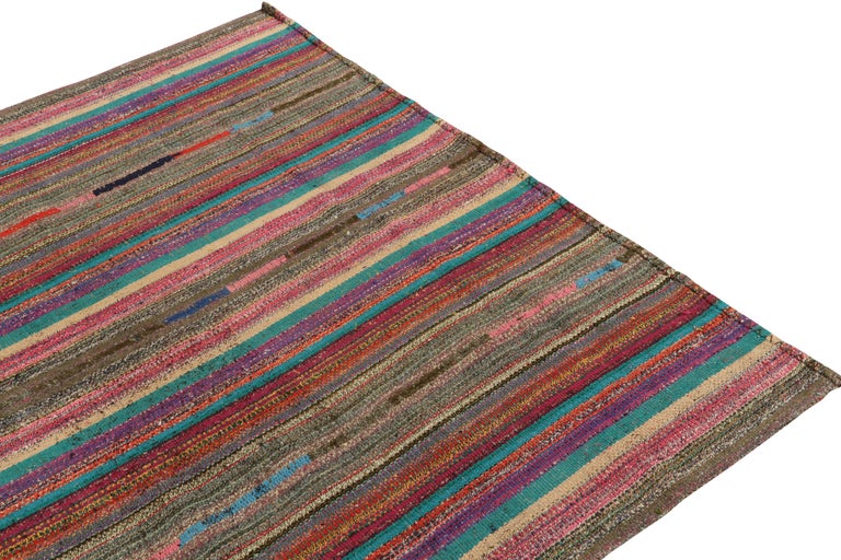 1950s Vintage Chaput Kilim Rug in Multicolor Striped Patterns, by Rug