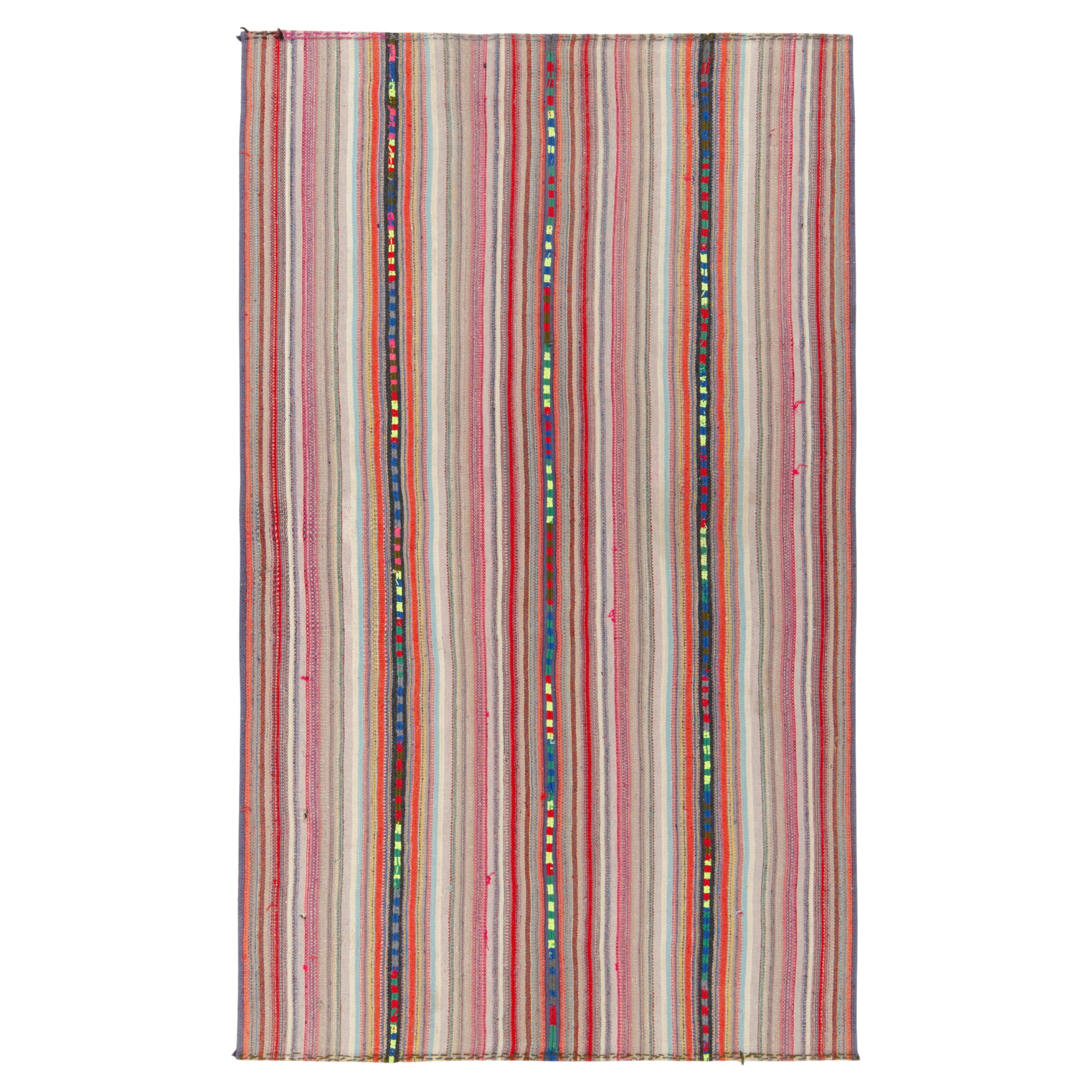 1950er Jahre Vintage Chaput-Kelim-Teppich in Rosa mit mehrfarbigem Streifenmuster von Teppich & Kelim