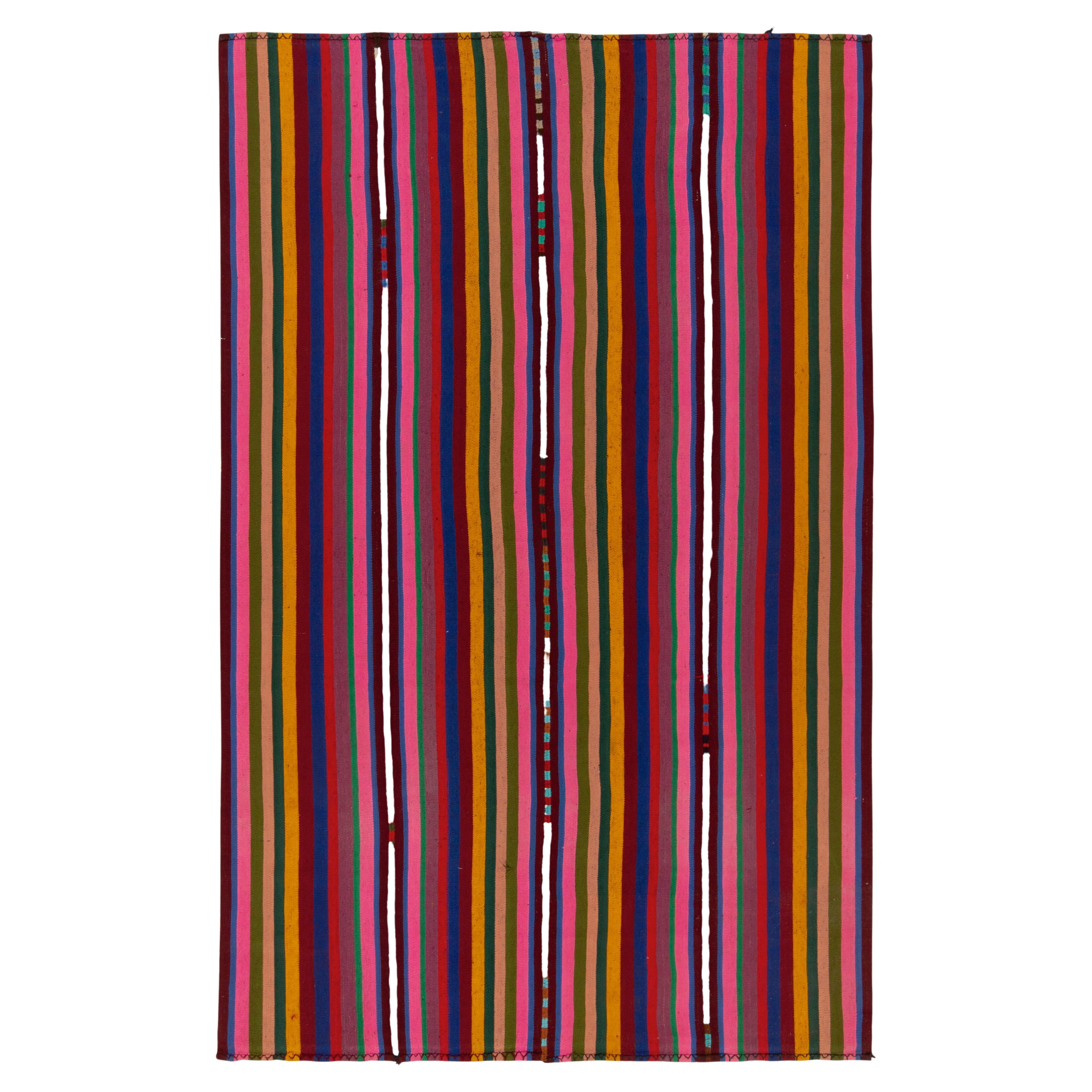 1950s Vintage Chaput Kilim Rug in Pink, Multicolor Stripe Pattern by Rug & Kilim For Sale