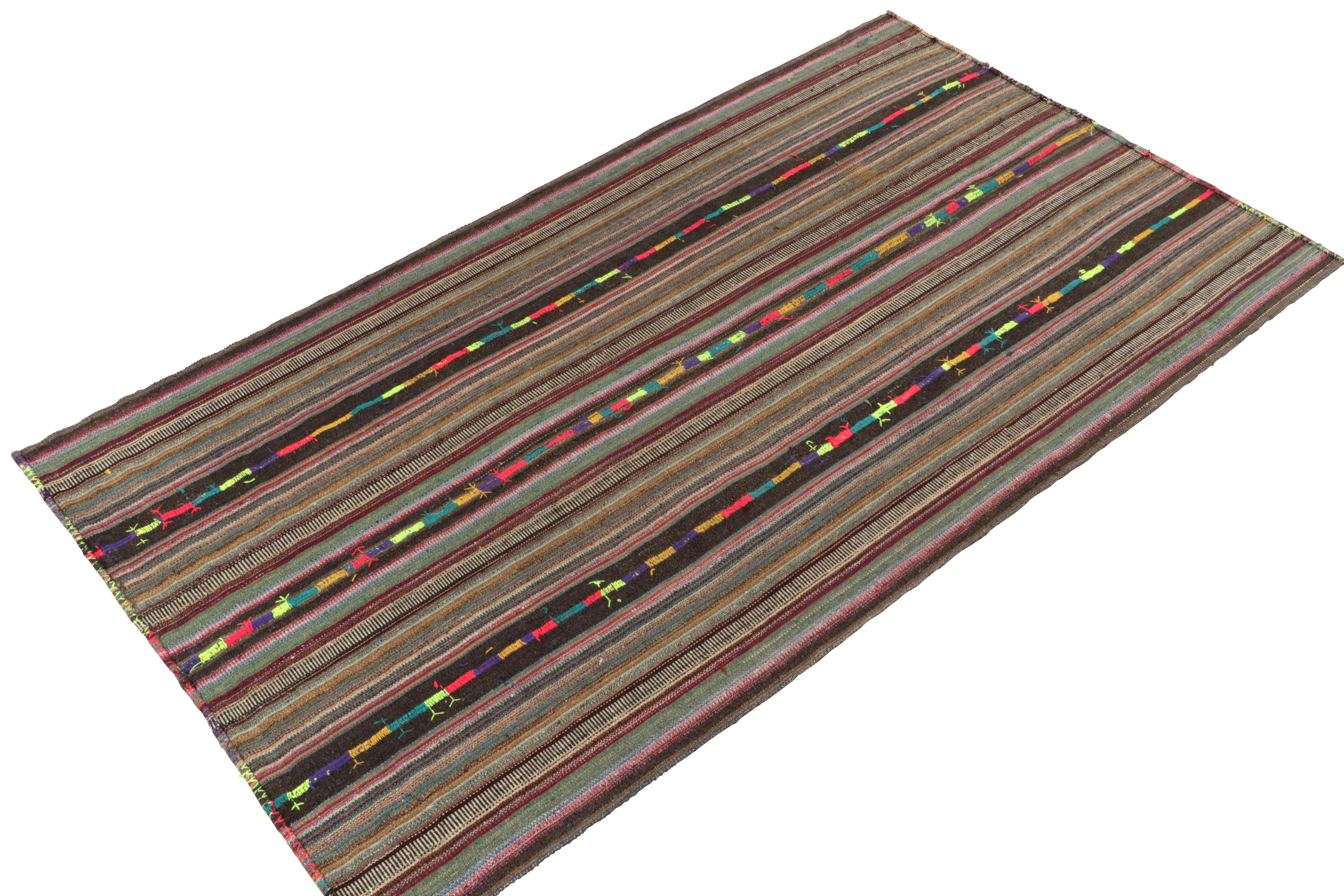Turkish 1950s Vintage Kilim Rug in Polychromatic Stripe Patterns Brown by Rug & Kilim For Sale