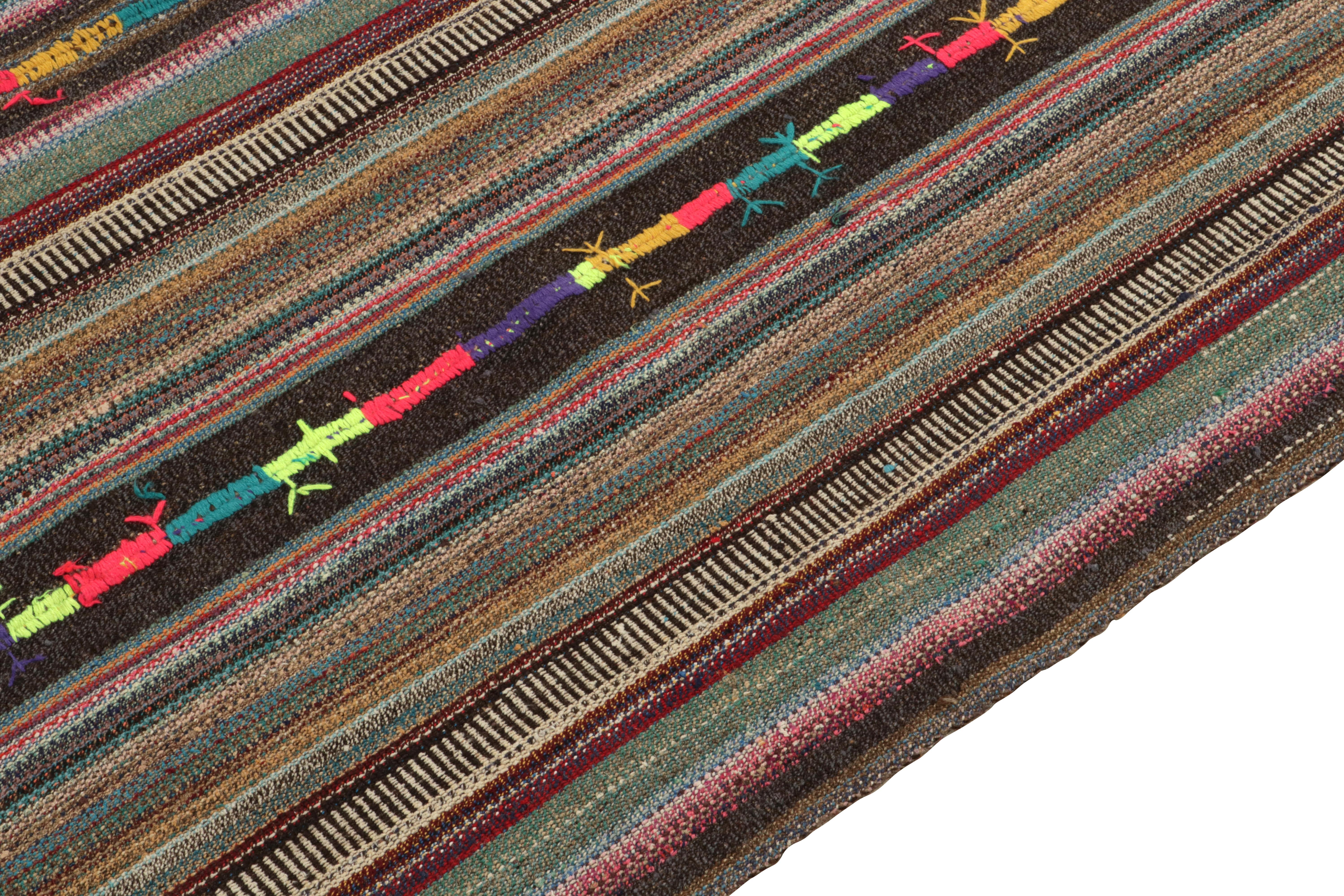 Hand-Knotted 1950s Vintage Kilim Rug in Polychromatic Stripe Patterns Brown by Rug & Kilim For Sale