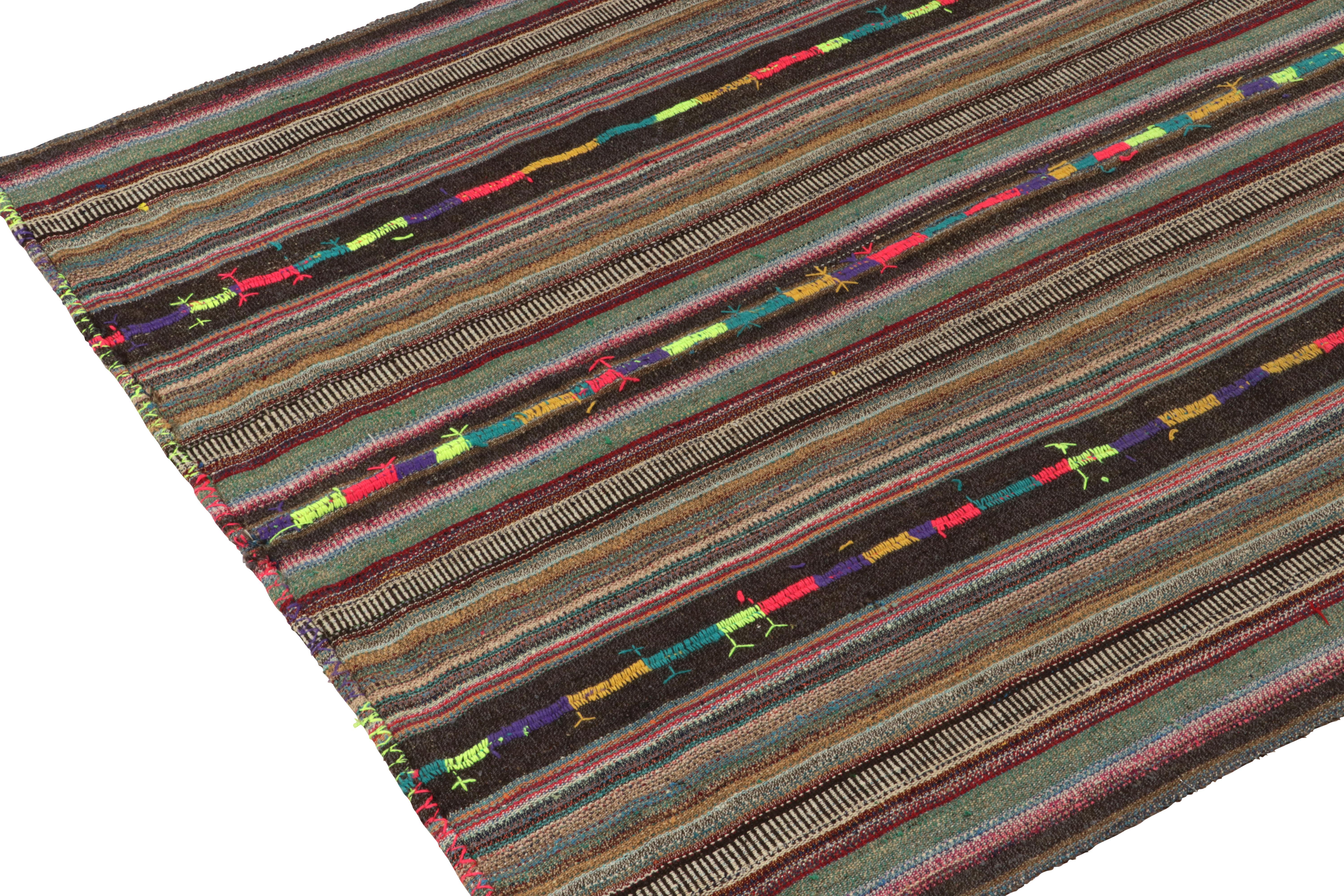 1950s Vintage Kilim Rug in Polychromatic Stripe Patterns Brown by Rug & Kilim In Good Condition For Sale In Long Island City, NY