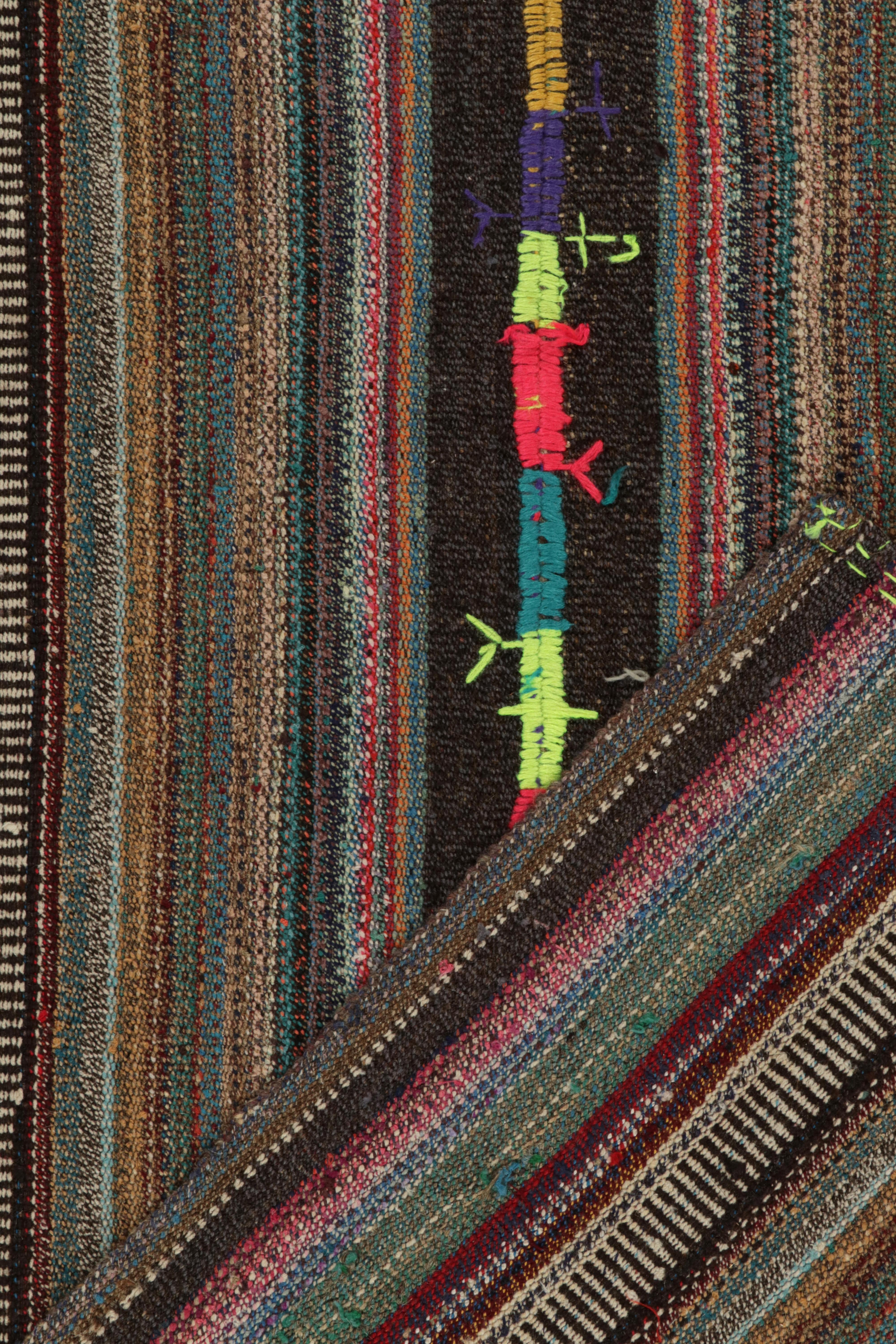 Mid-20th Century 1950s Vintage Kilim Rug in Polychromatic Stripe Patterns Brown by Rug & Kilim For Sale