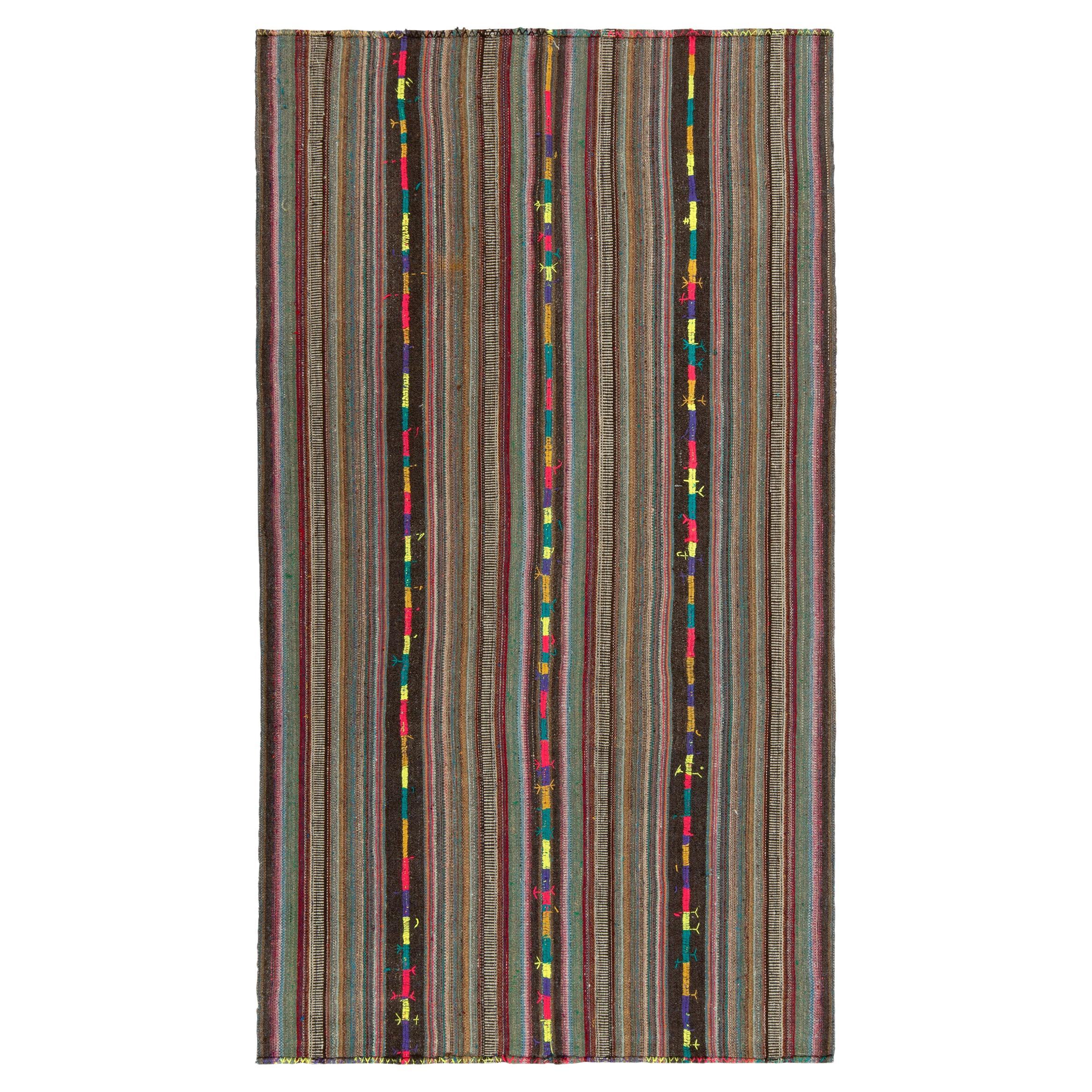 1950s Vintage Kilim Rug in Polychromatic Stripe Patterns Brown by Rug & Kilim For Sale