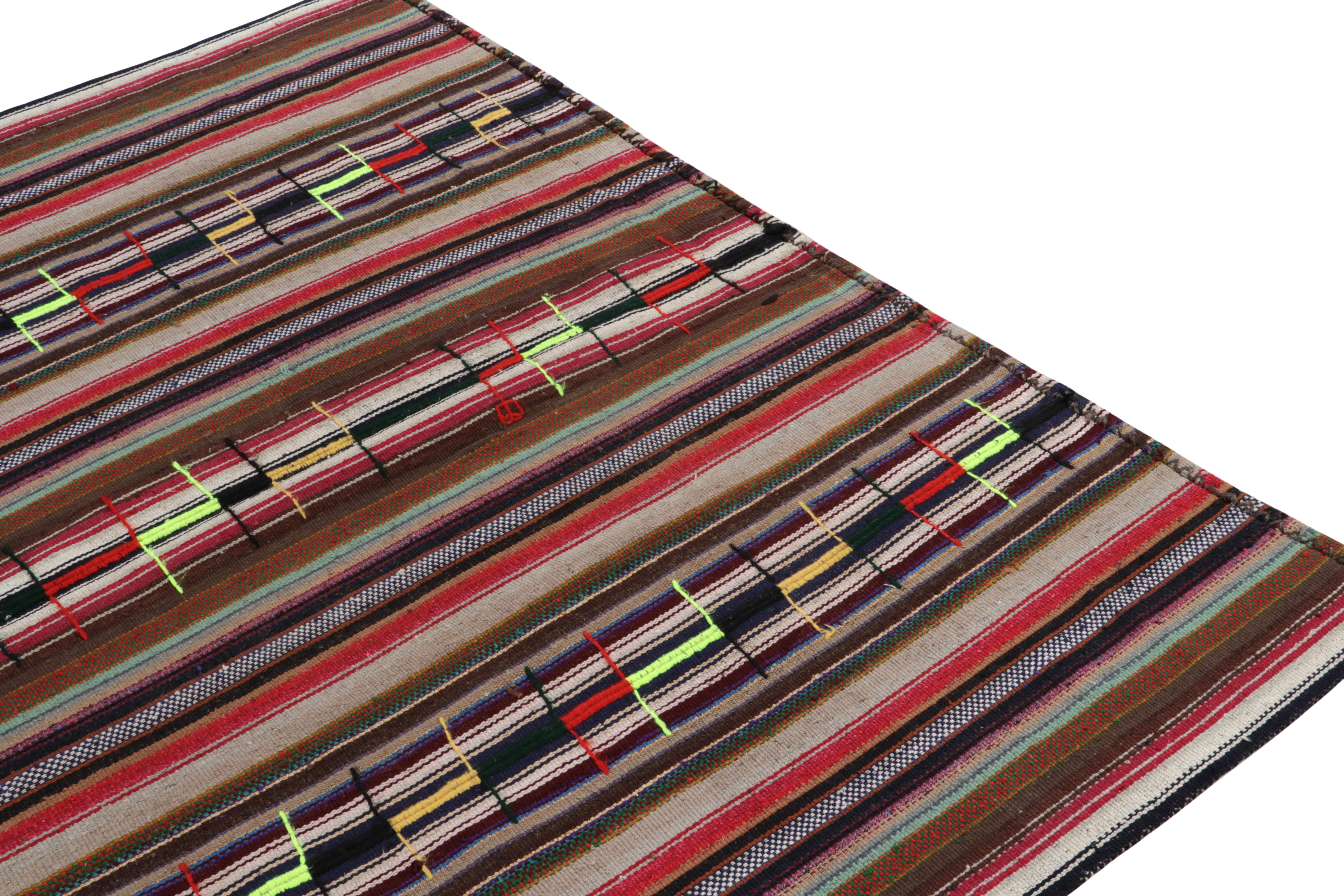 1950s Vintage Chaput Kilim Rug in Brown Multicolor Stripe Pattern by Rug & Kilim In Good Condition For Sale In Long Island City, NY