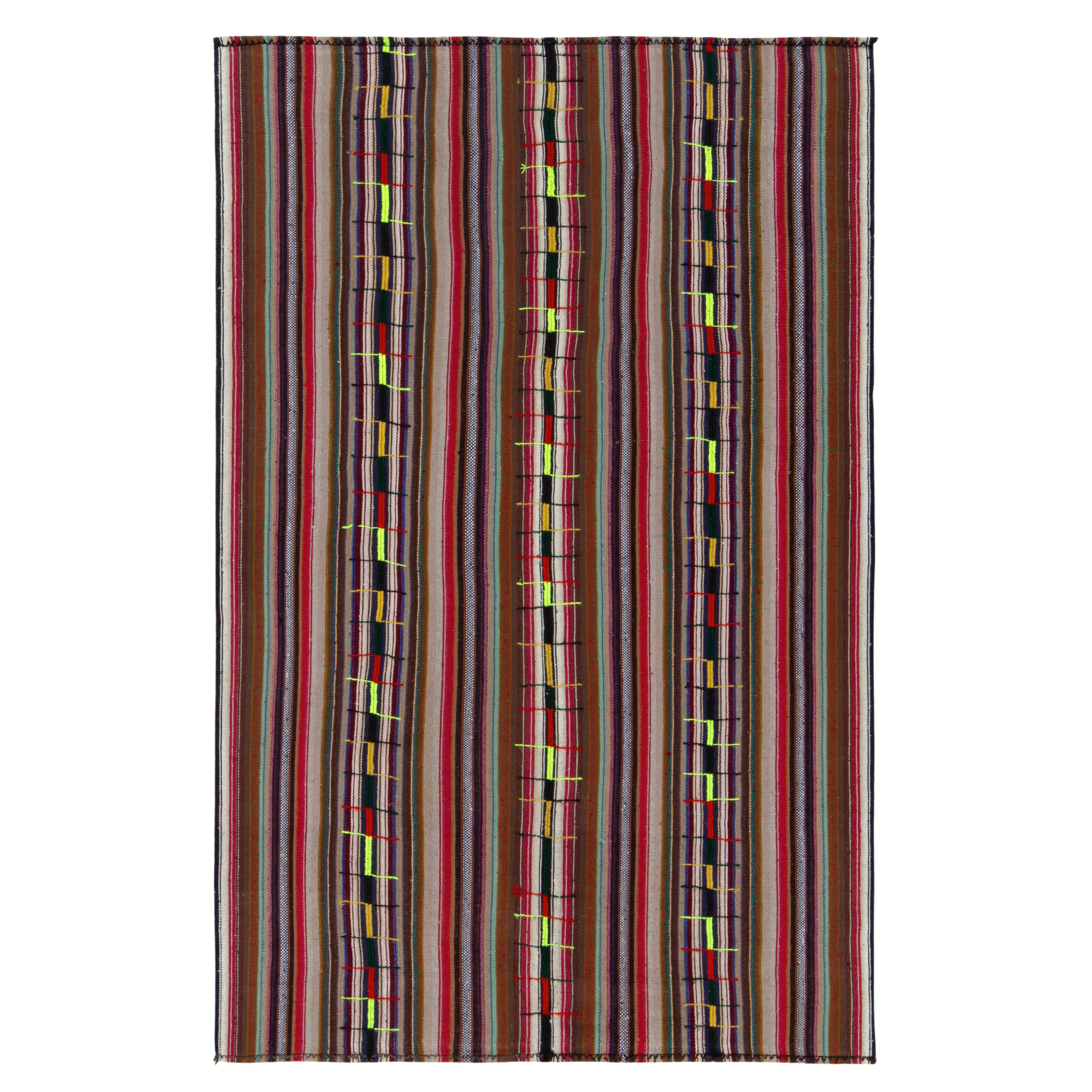 1950s Vintage Chaput Kilim Rug in Brown Multicolor Stripe Pattern by Rug & Kilim For Sale