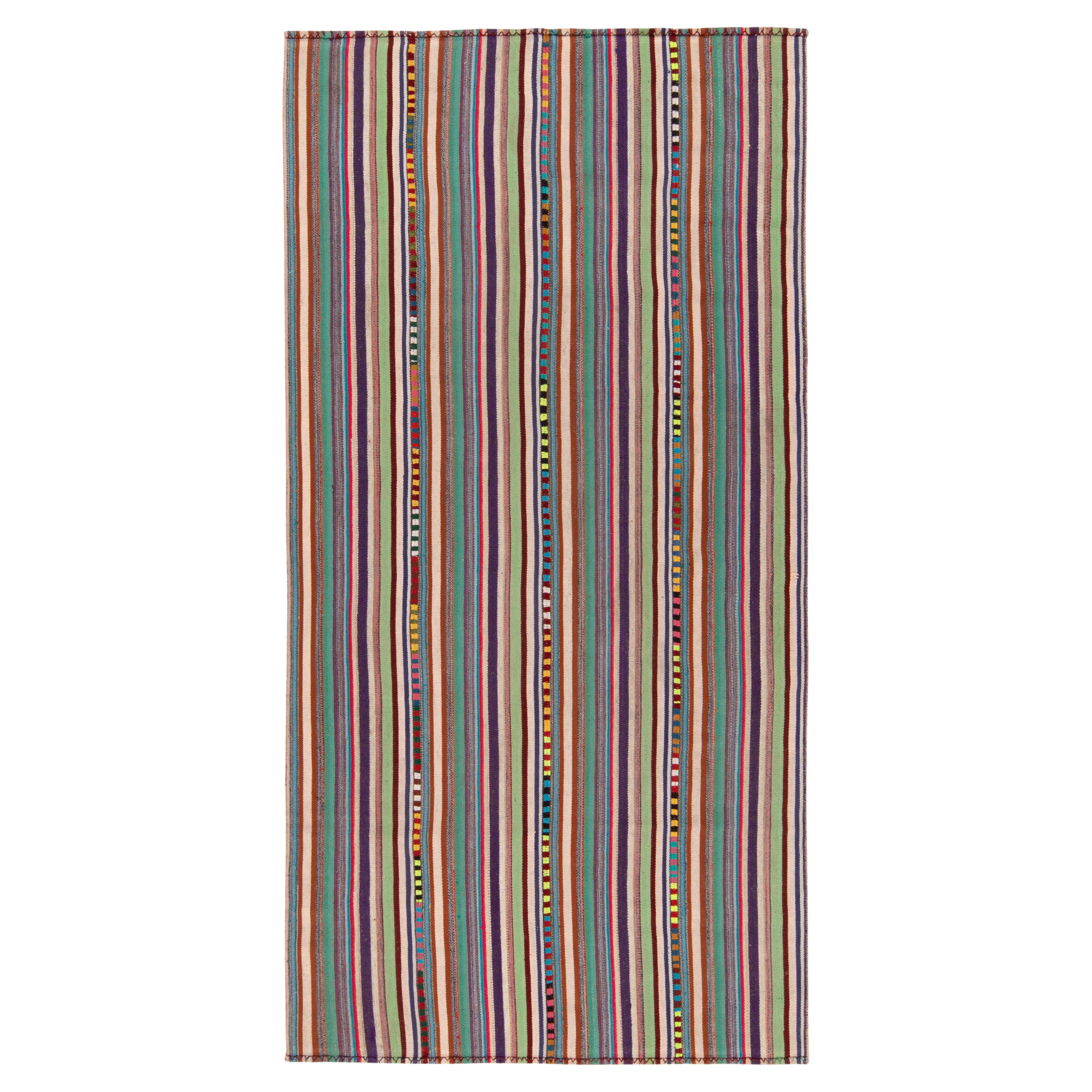 1950s Vintage Kilim Rug in Seafoam, Multicolor Stripe Patterns by Rug & Kilim