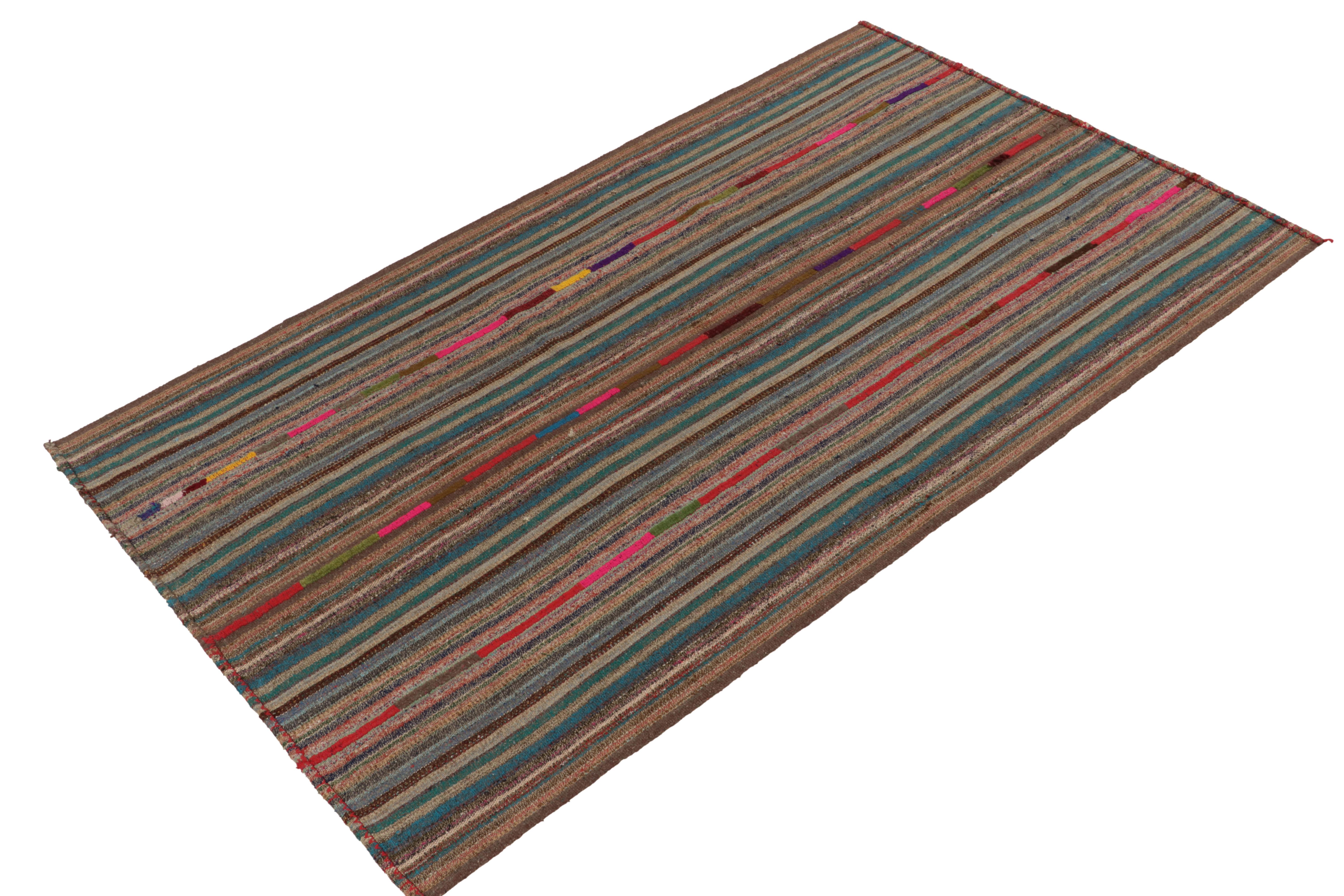 Mid-Century Modern 1950s Vintage Chaput Kilim Style in Beige-Brown, Blue, Stripes by Rug & Kilim For Sale