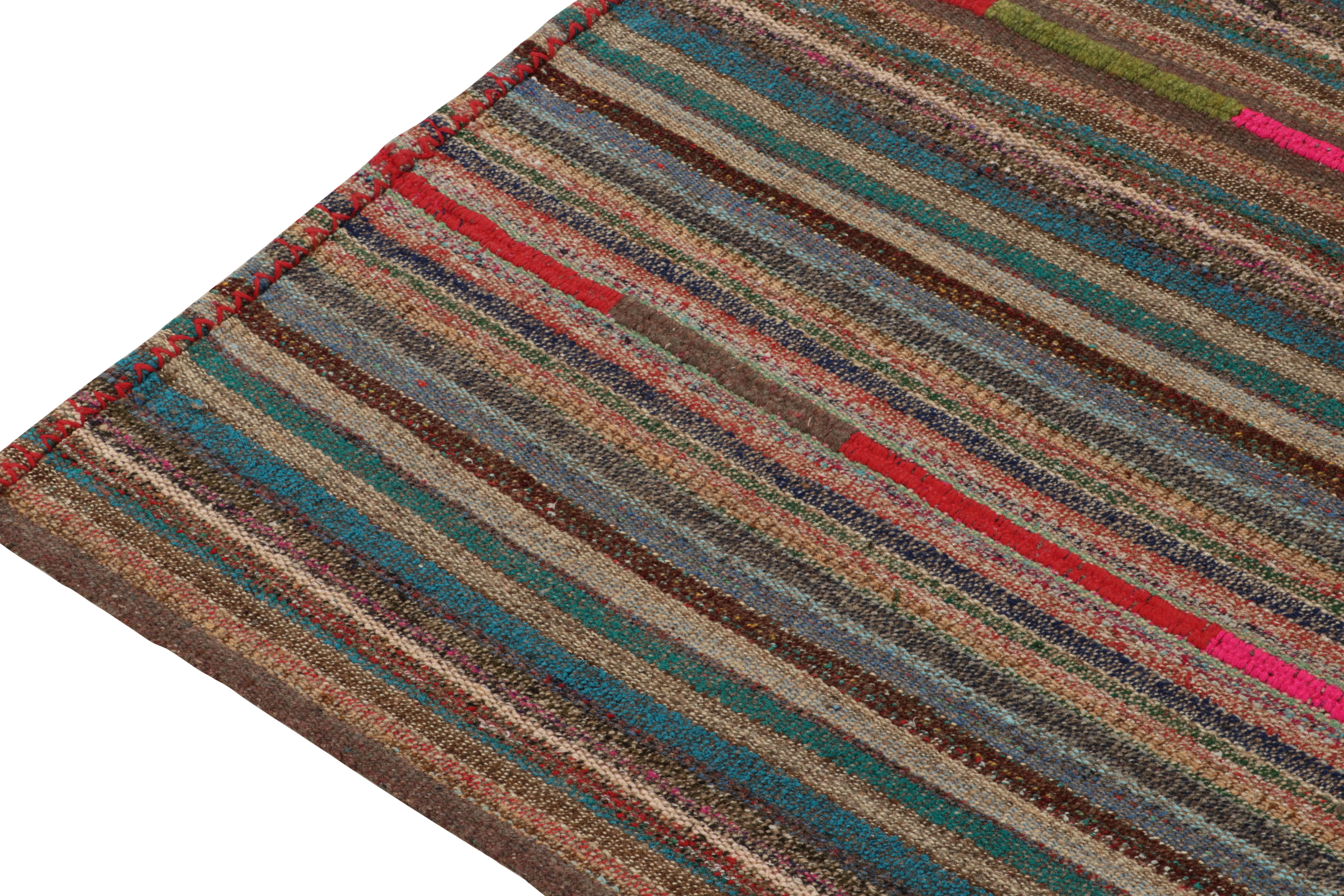 Hand-Knotted 1950s Vintage Chaput Kilim Style in Beige-Brown, Blue, Stripes by Rug & Kilim For Sale