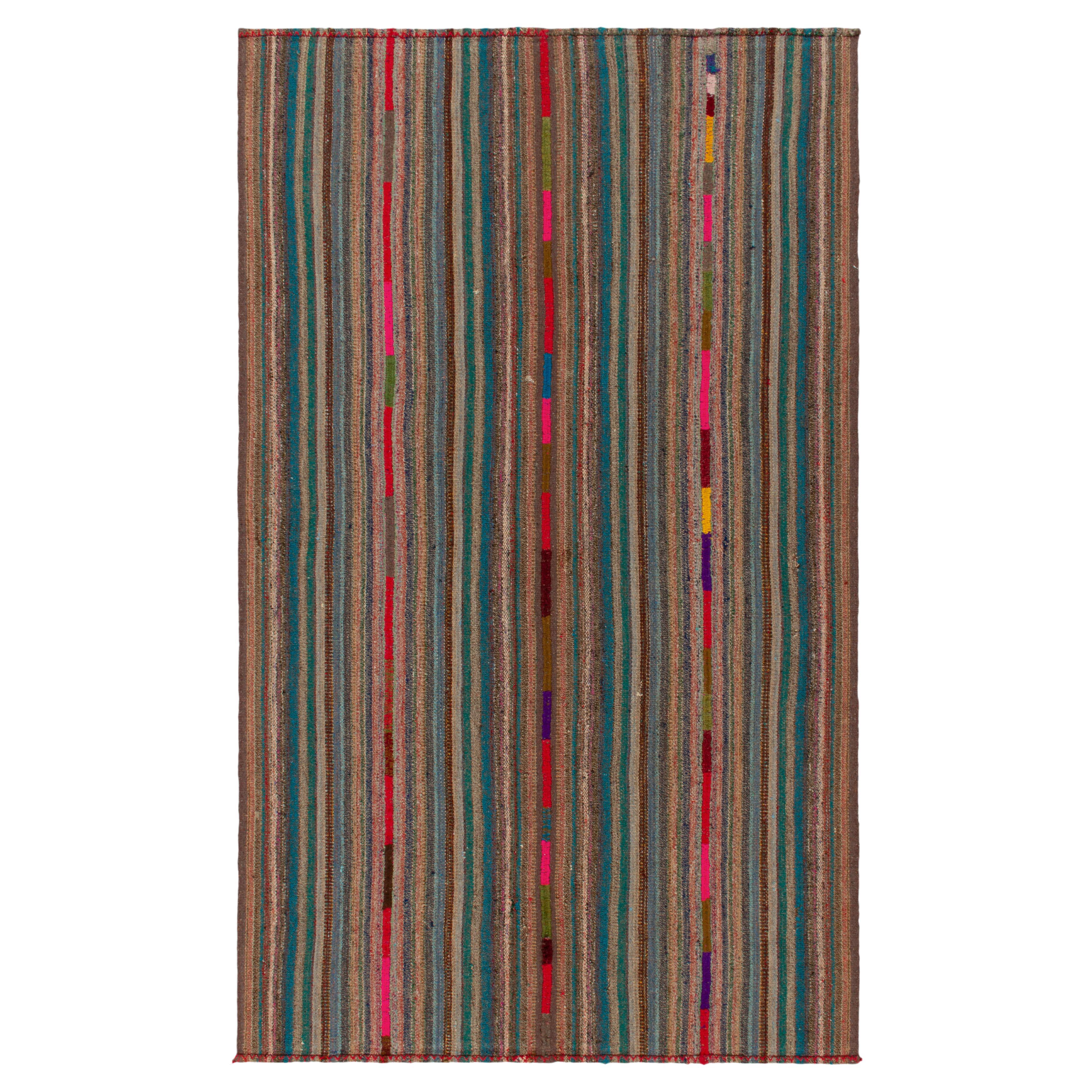 1950s Vintage Chaput Kilim Style in Beige-Brown, Blue, Stripes by Rug & Kilim For Sale