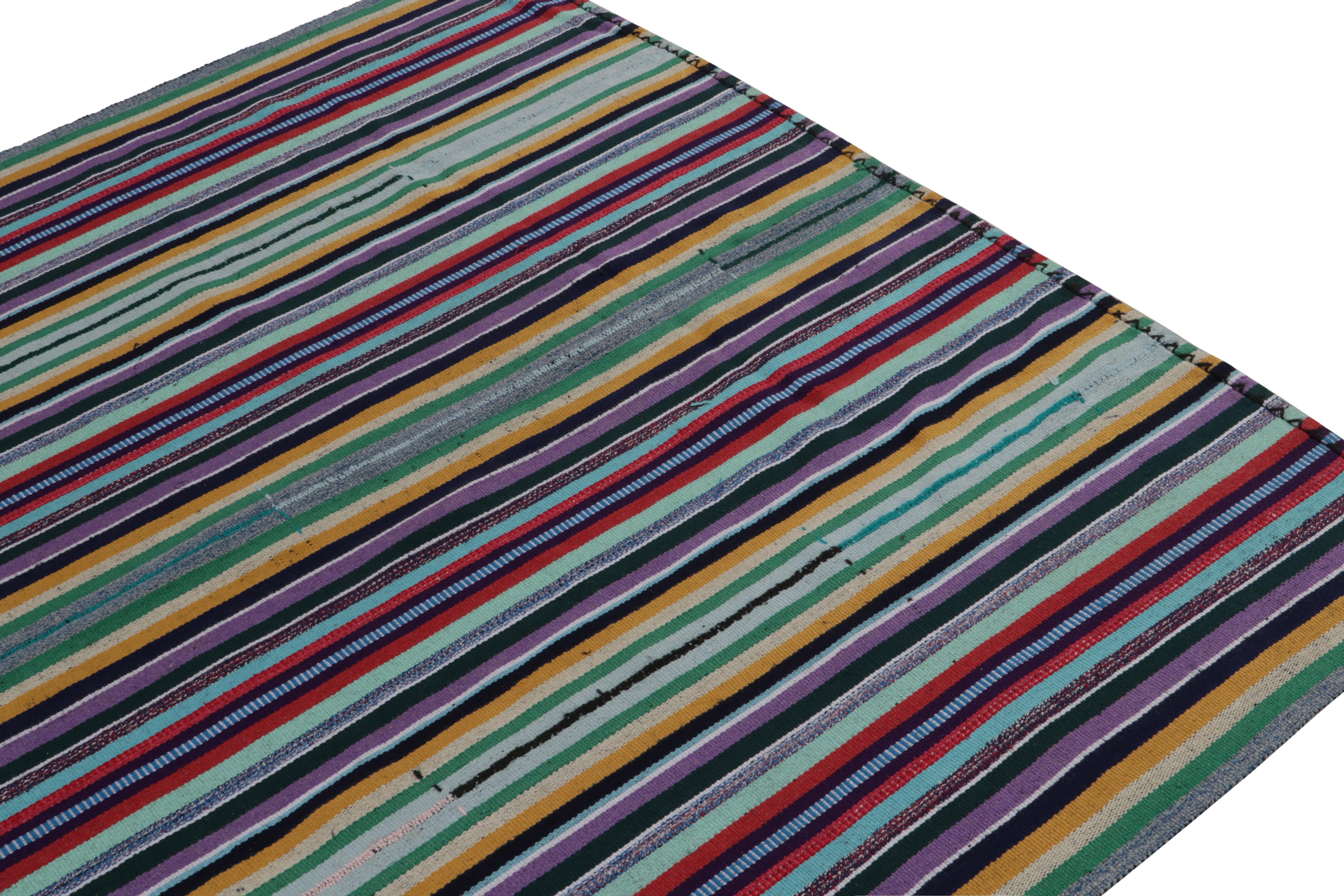 Turkish 1950s Vintage Kilim Style in Blue, Polychromatic Stripe Patterns by Rug & Kilim For Sale