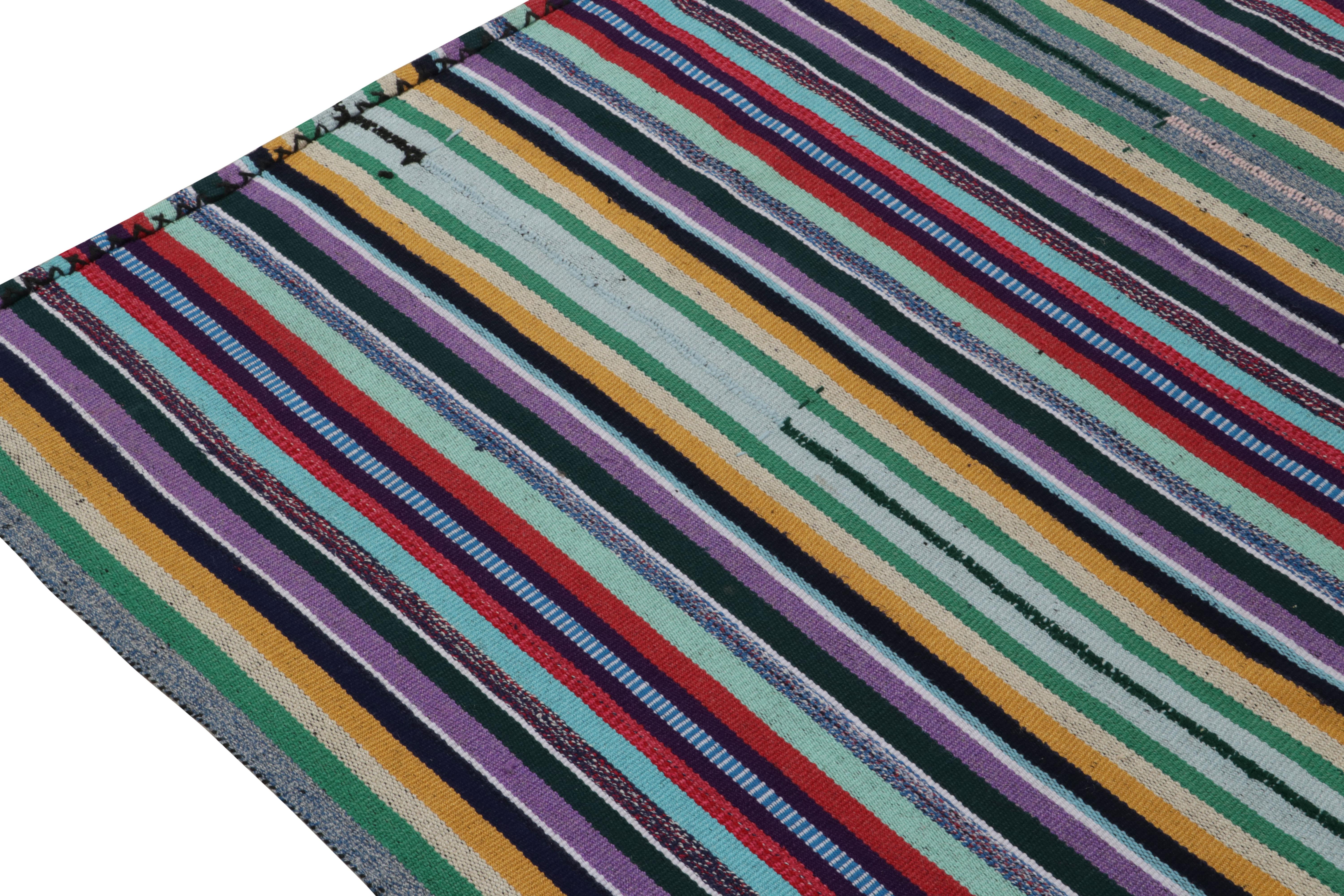 Hand-Knotted 1950s Vintage Kilim Style in Blue, Polychromatic Stripe Patterns by Rug & Kilim For Sale