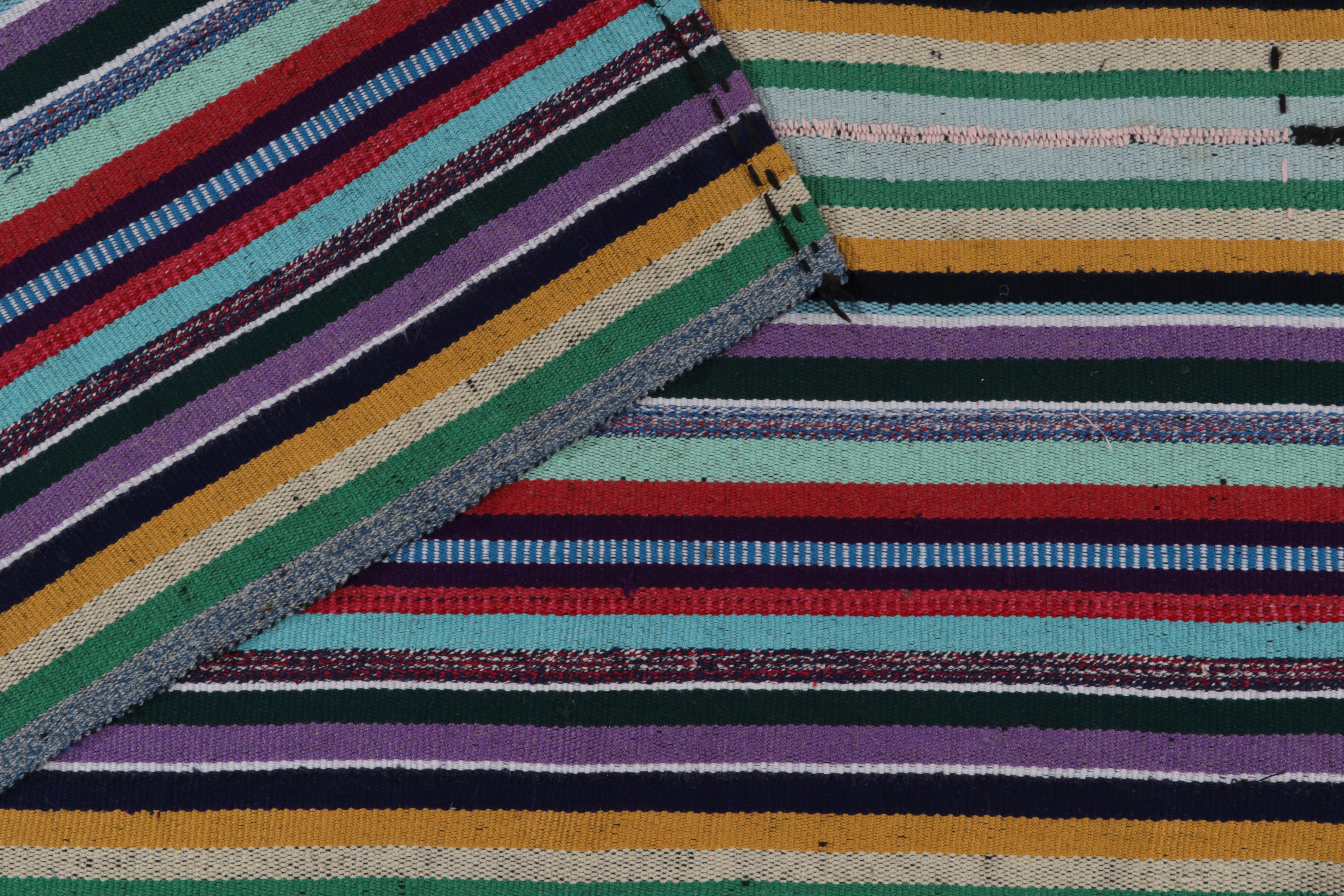 1950s Vintage Kilim Style in Blue, Polychromatic Stripe Patterns by Rug & Kilim In Good Condition For Sale In Long Island City, NY