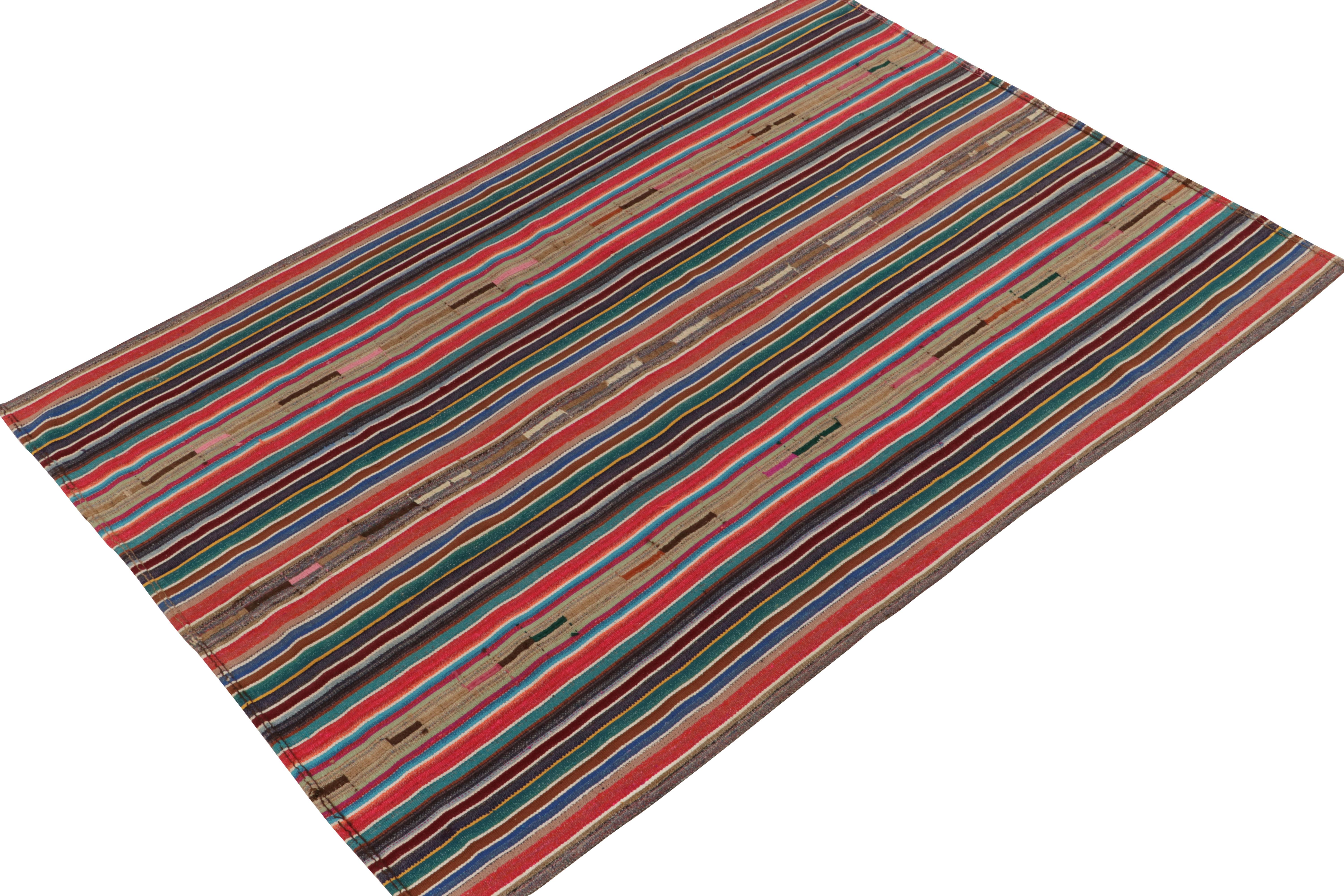 Mid-Century Modern 1950s Vintage Chaput Kilim Style in Multicolor Striped Pattern by Rug & Kilim For Sale