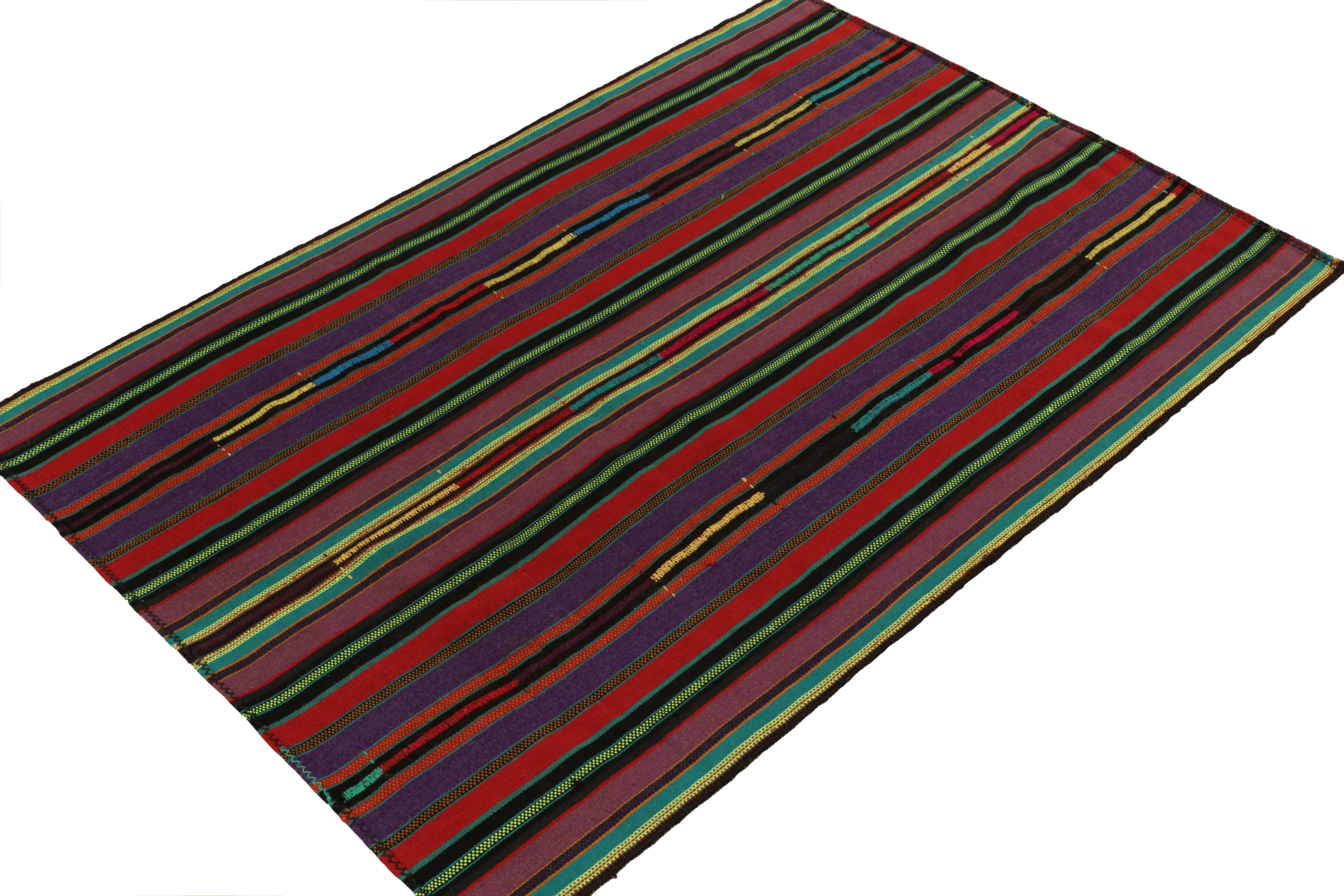 Mid-Century Modern 1950s Vintage Kilim Style in Red, Purple, Green Stripe Patterns by Rug & Kilim For Sale