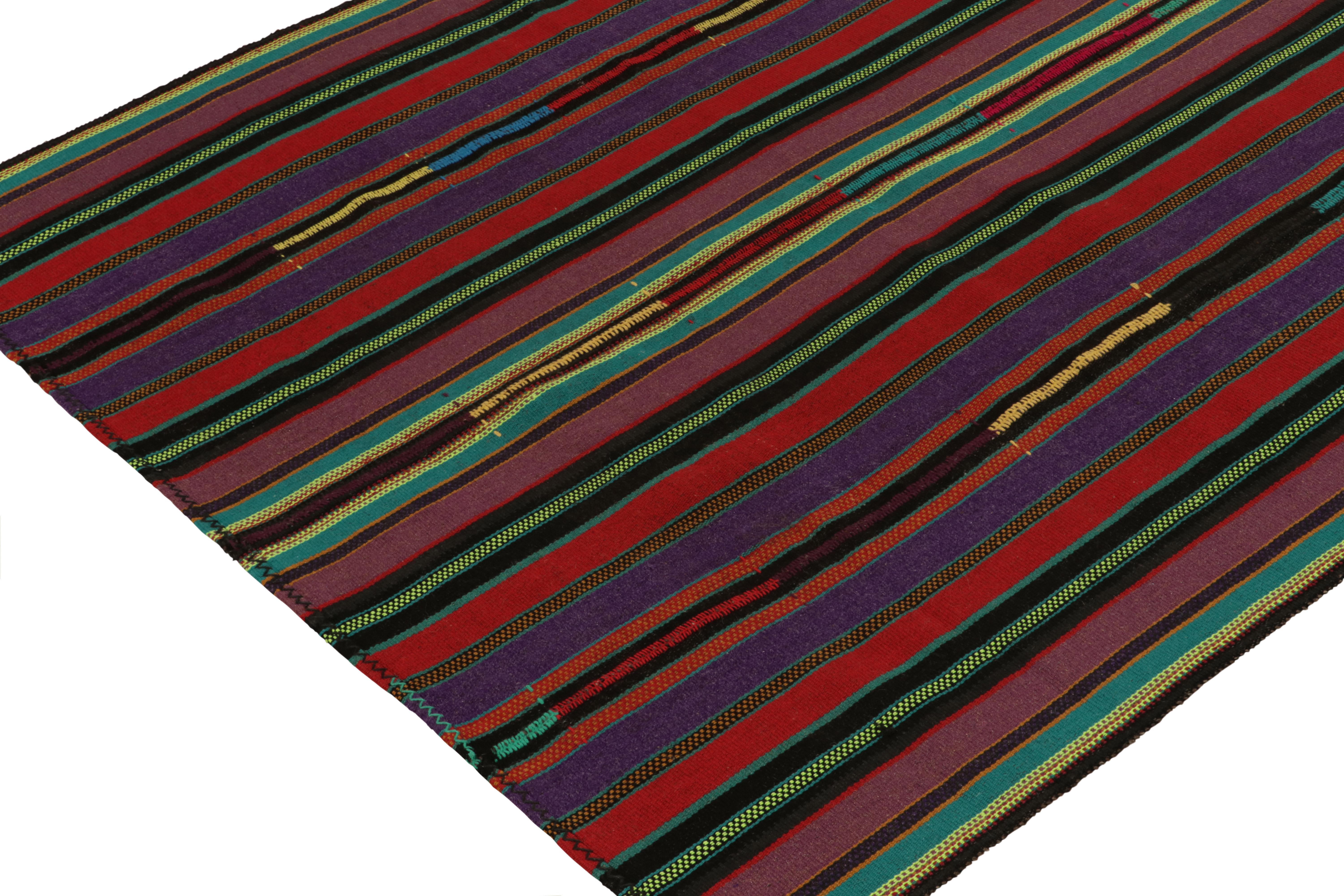 Turkish 1950s Vintage Kilim Style in Red, Purple, Green Stripe Patterns by Rug & Kilim For Sale