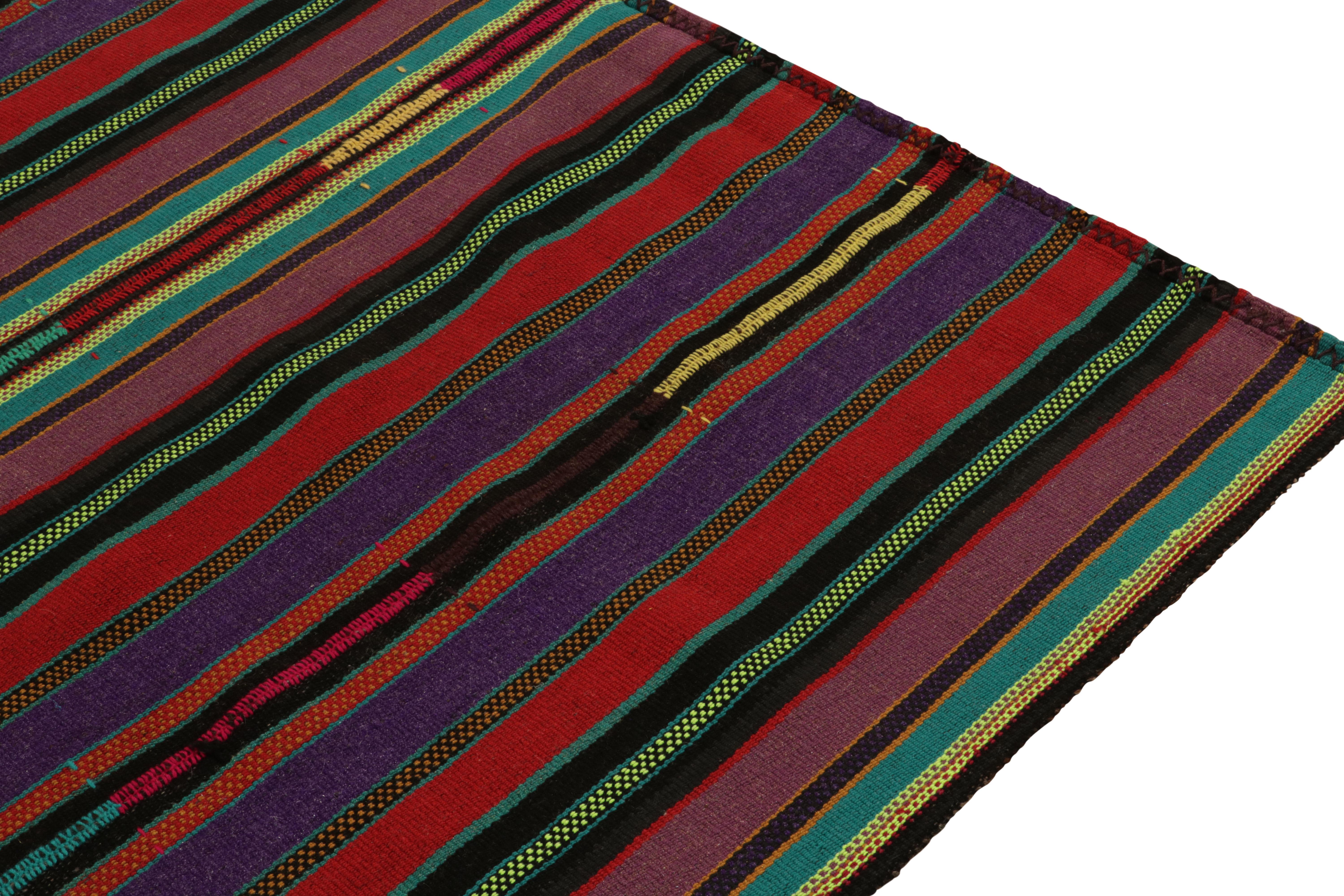 Hand-Knotted 1950s Vintage Kilim Style in Red, Purple, Green Stripe Patterns by Rug & Kilim For Sale