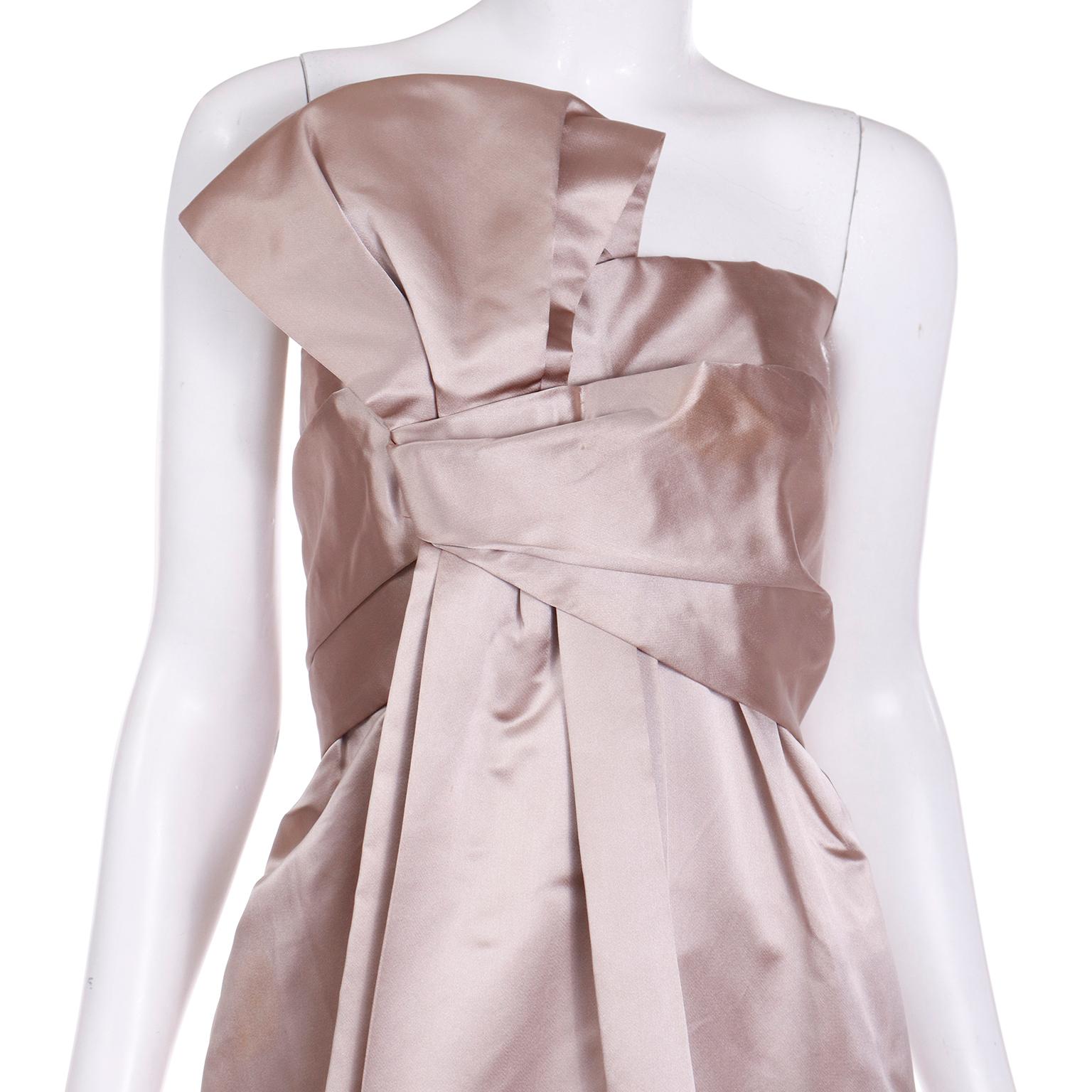 Brown 1950s Vintage Christian Dior Strapless Silk Satin Pale Taupe Dress w Bow & Sash