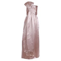1950s Vintage Christian Dior Strapless Silk Satin Pale Taupe Dress w Bow & Sash