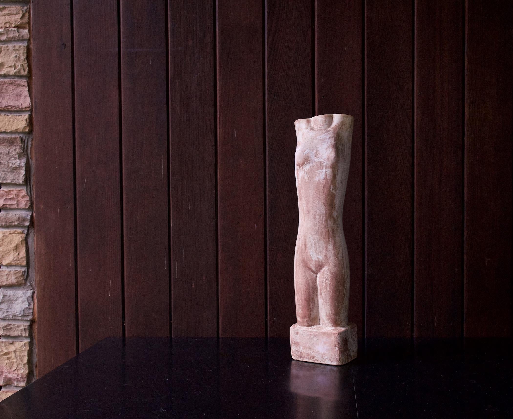 Extremely uncommon Cleo Hartwig slip-cast chalkware sculpture of the female body.  Very distressed finish. Signed in mold, C.HARTWIG

Measures: W 5½ x D 5½ x H 23 in.

