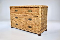 1950s Vintage Coastal Braided Woven Rattan Chest of Drawers With Walnut Bun Feet