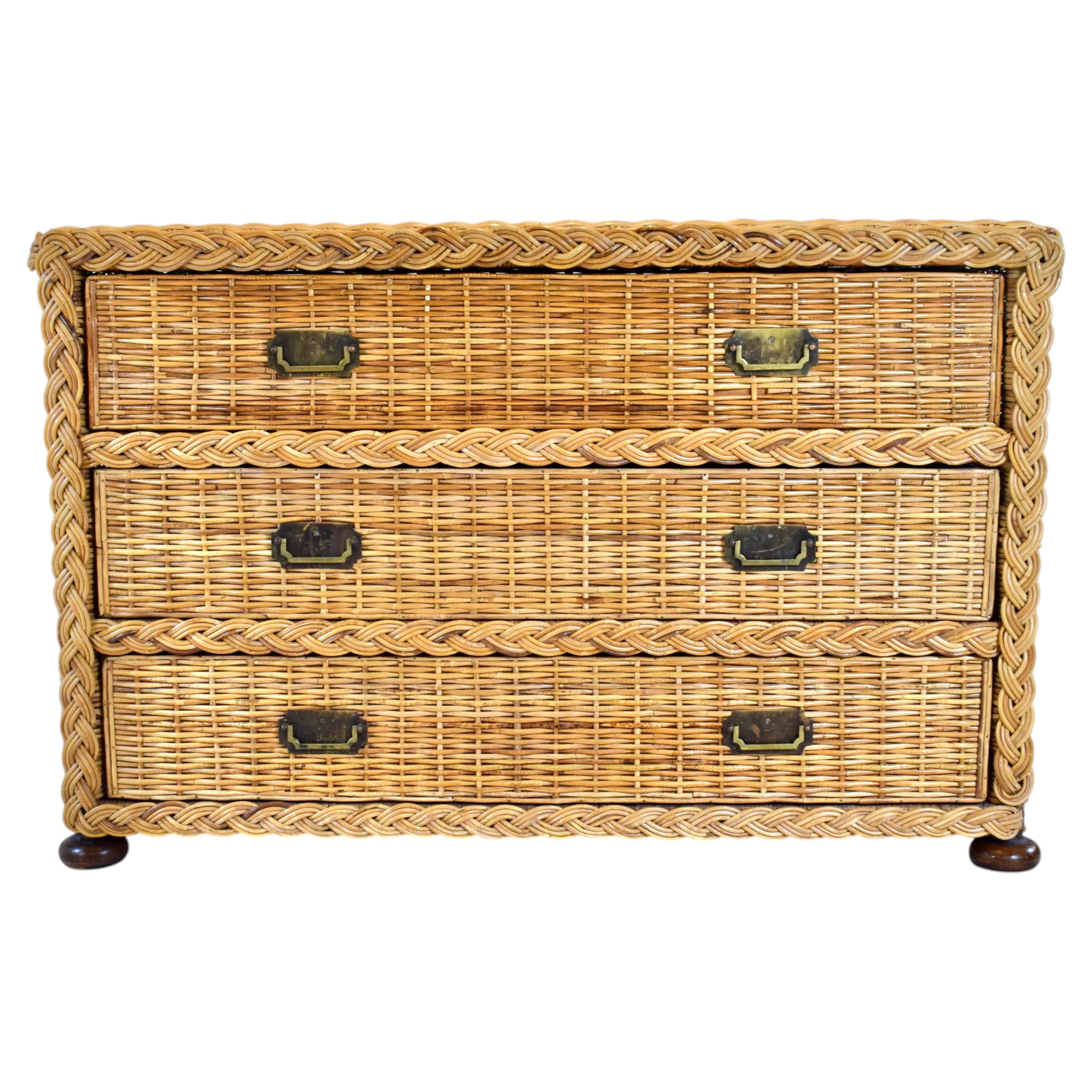 1950s Vintage Coastal Braided Woven Rattan Chest of Drawers With Walnut Bun Feet