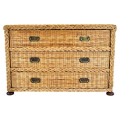 1950s Vintage Coastal Braided Woven Rattan Chest of Drawers With Walnut Bun Feet