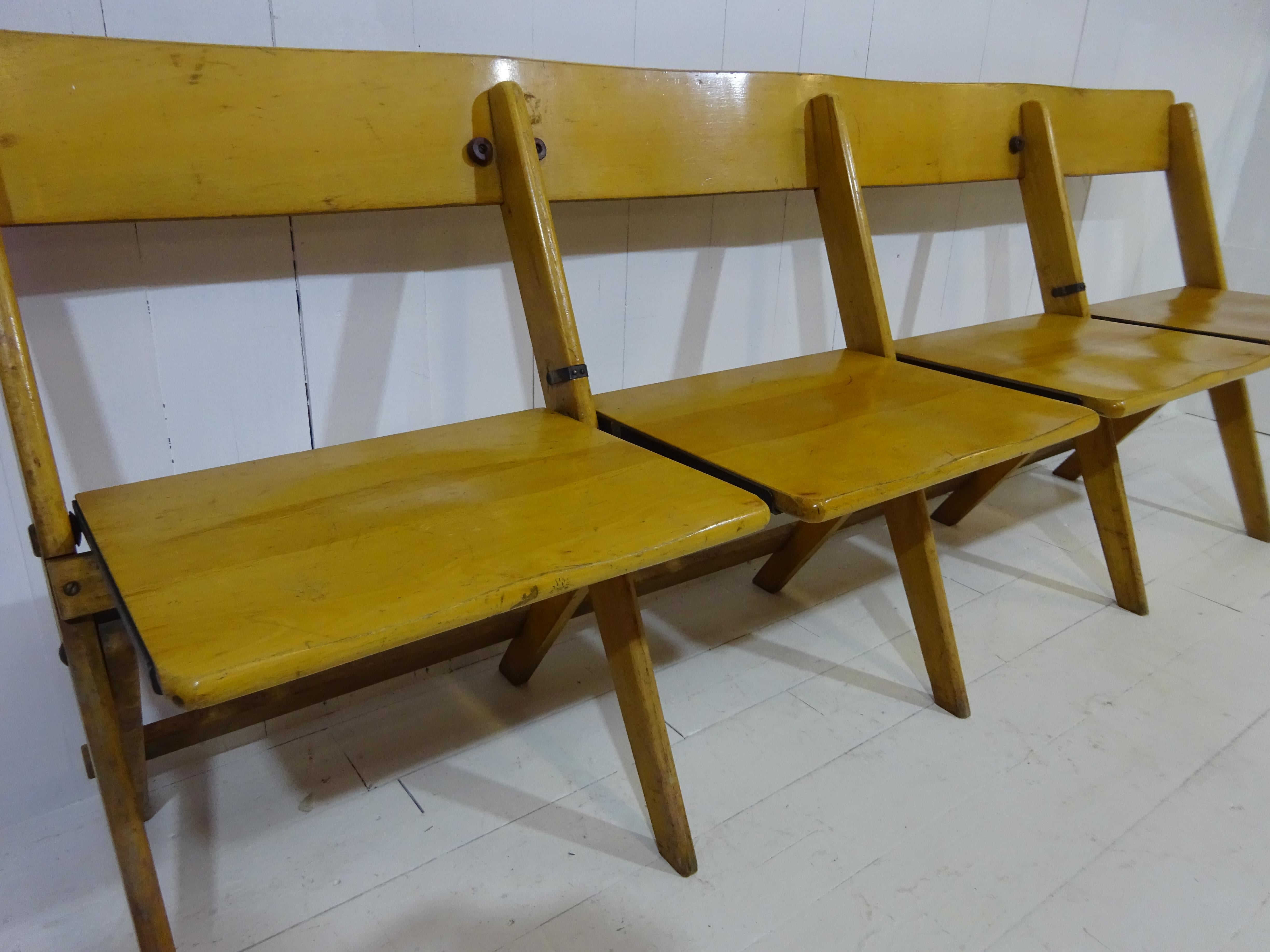 1950's Vintage Conjoined Folding Chapel Chairs For Sale 2
