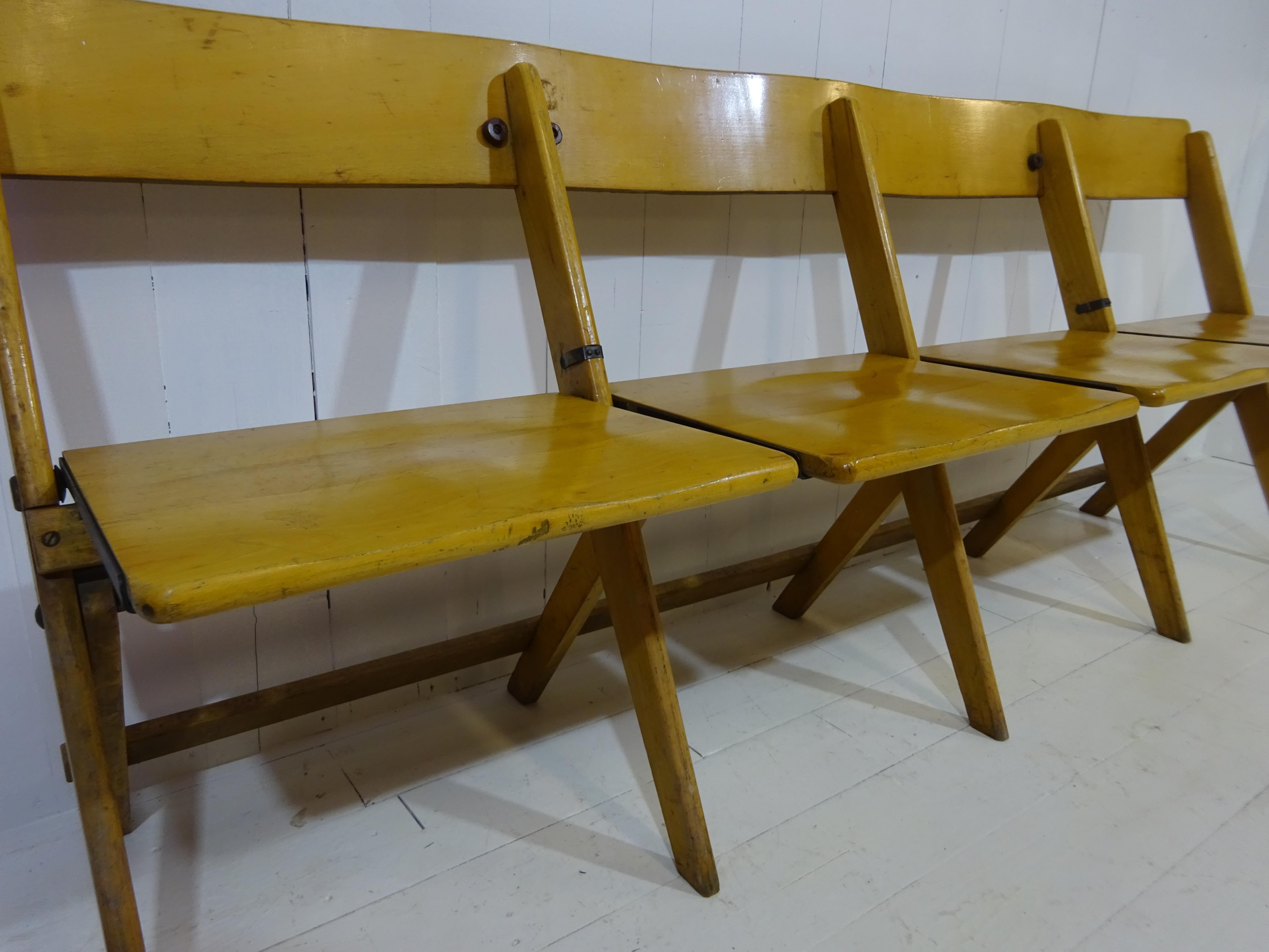 1950's Vintage Conjoined Folding Chapel Chairs For Sale 3